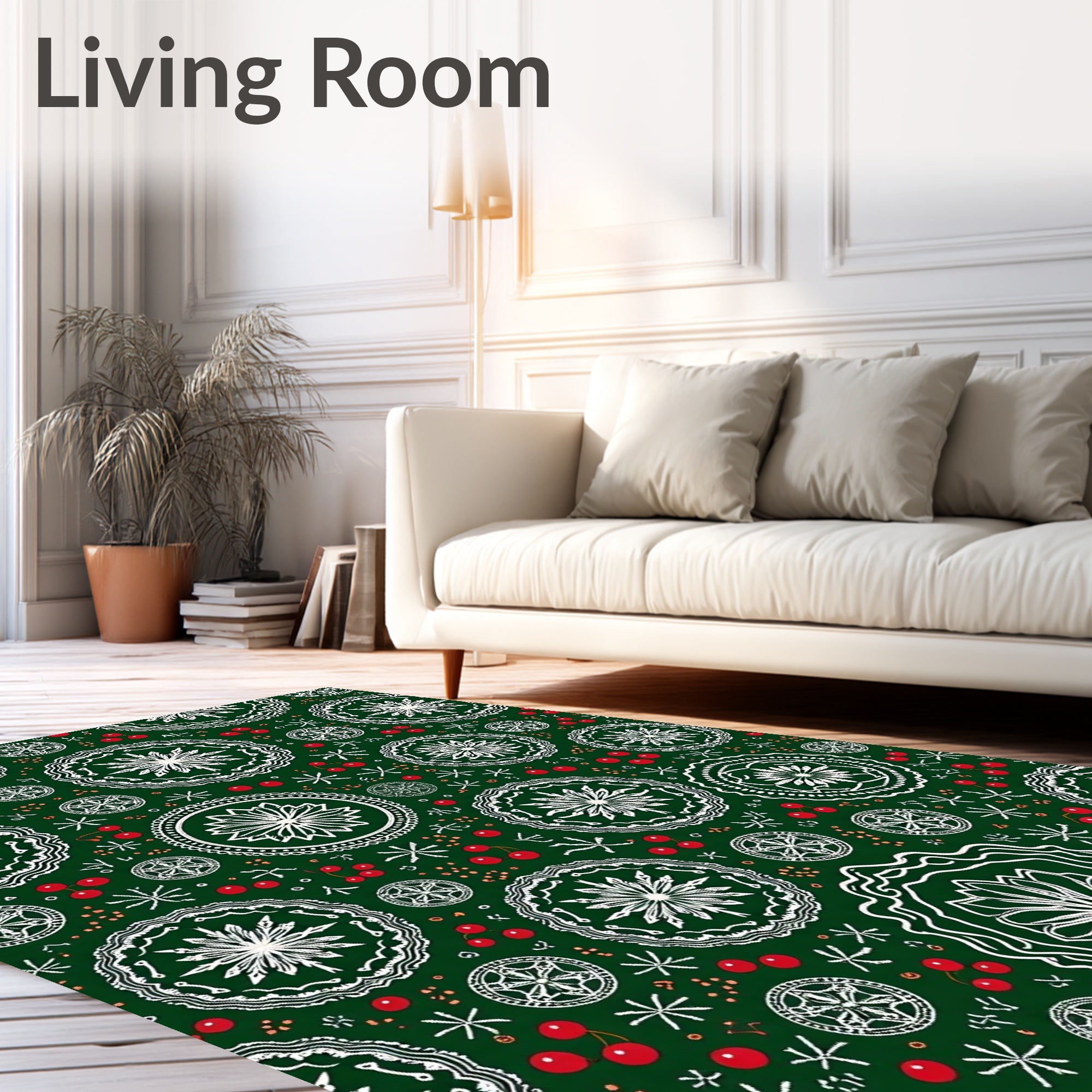 Deep Green White Medallion Cherry Accents Rug