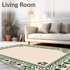 Dark Green Ornate Border Cream Rug