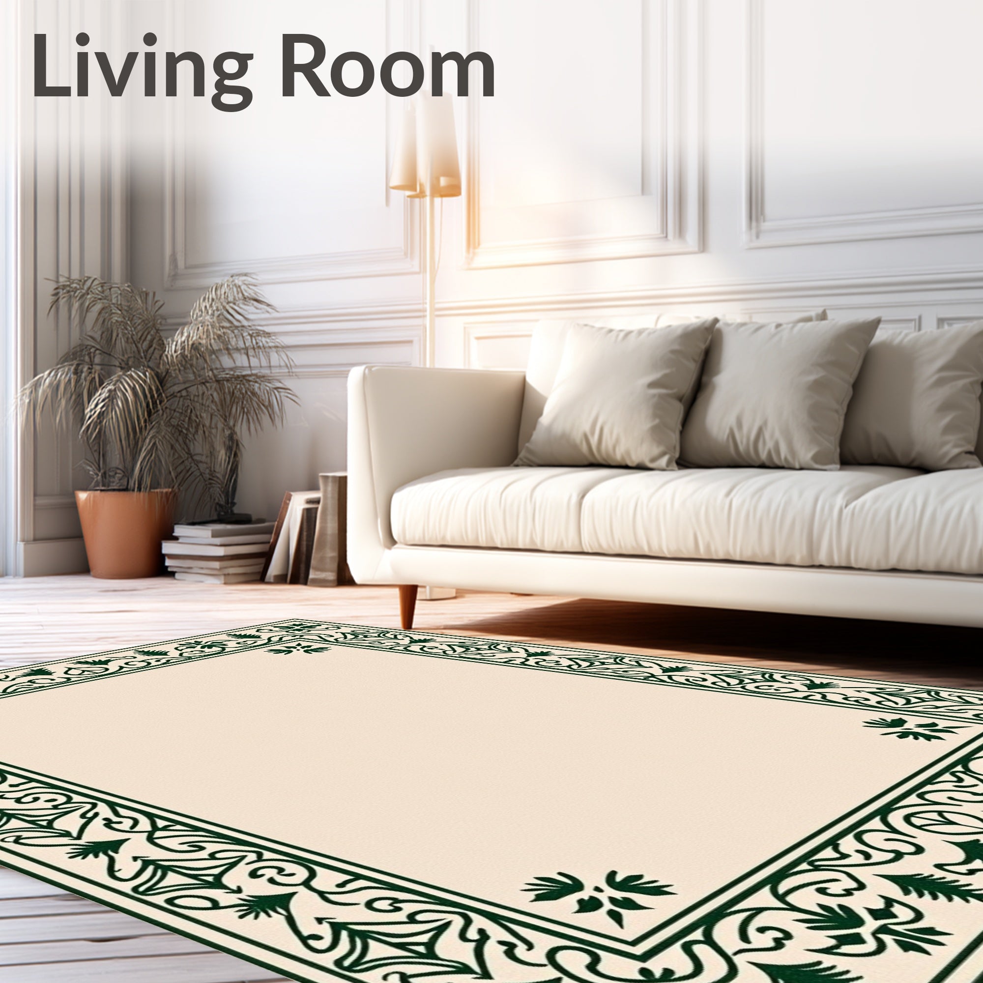 Dark Green Ornate Border Cream Rug