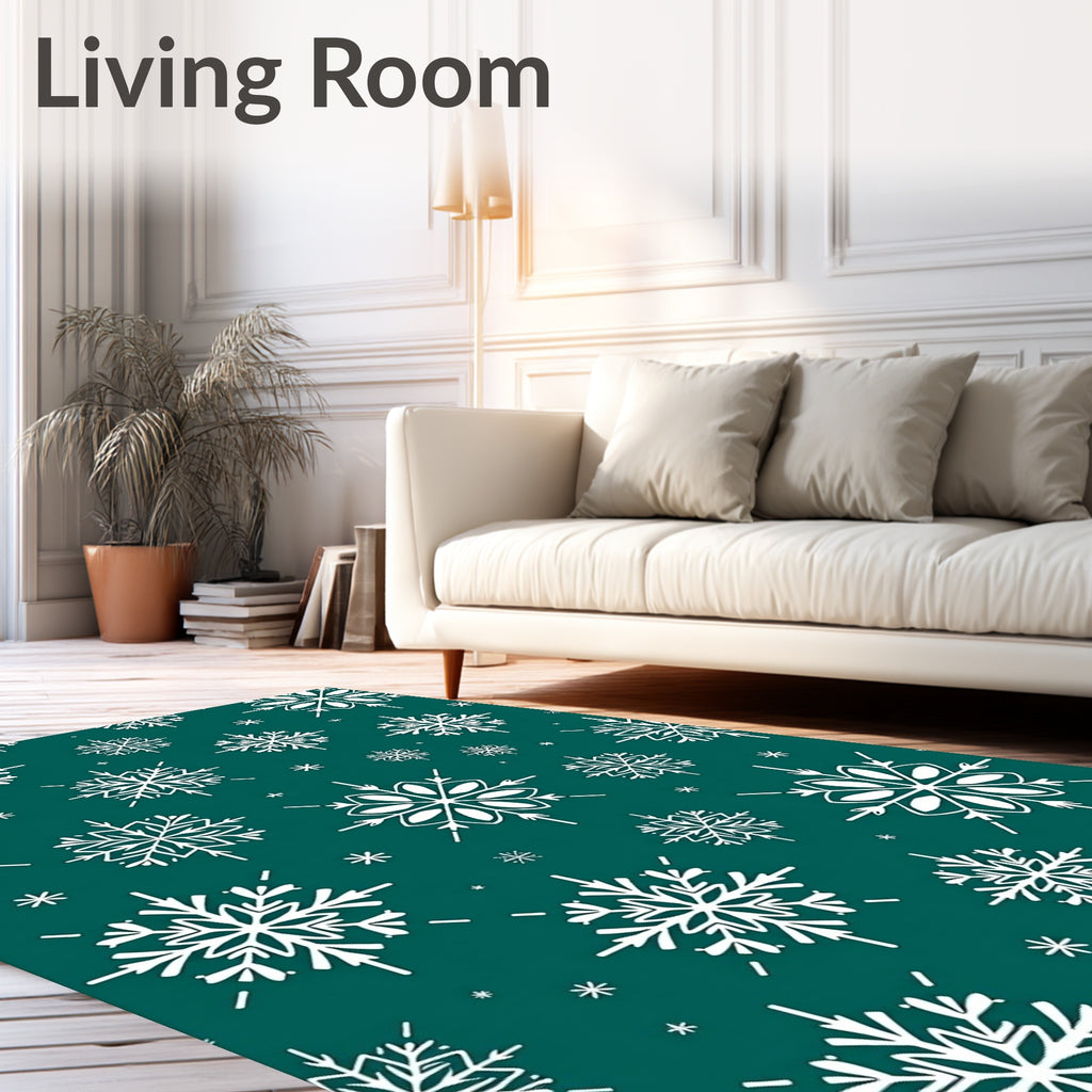 White Snowflake Teal Background Rug