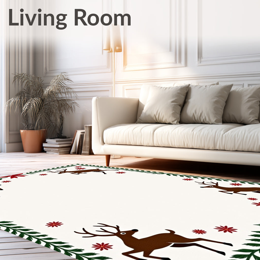 Brown Reindeer Red Floral Green Border Rug