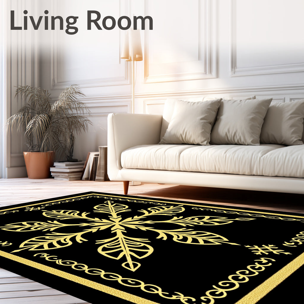 Golden Black Leaf Snowflake Medallion Rug