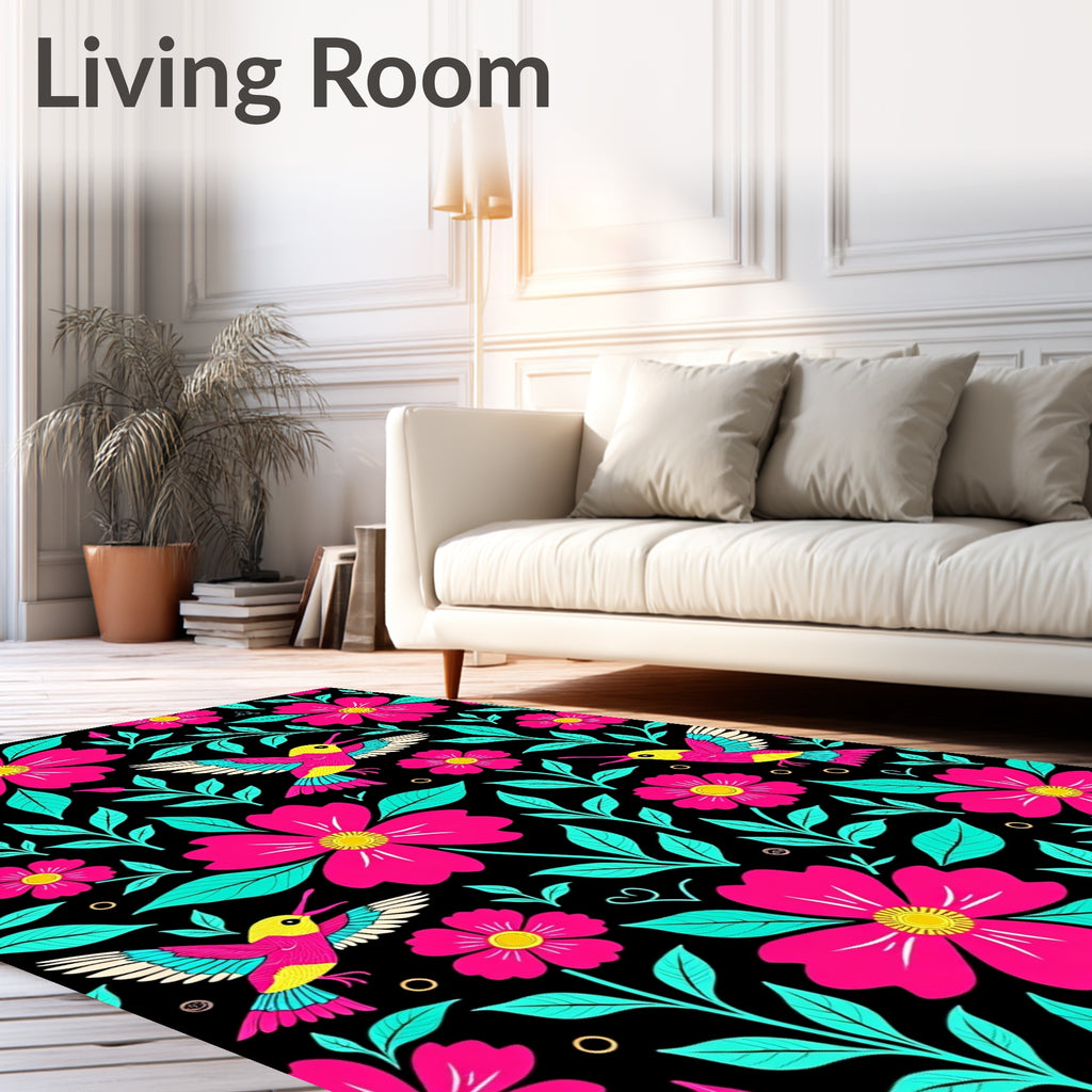 Vibrant Pink Floral Hummingbird Garden Rug