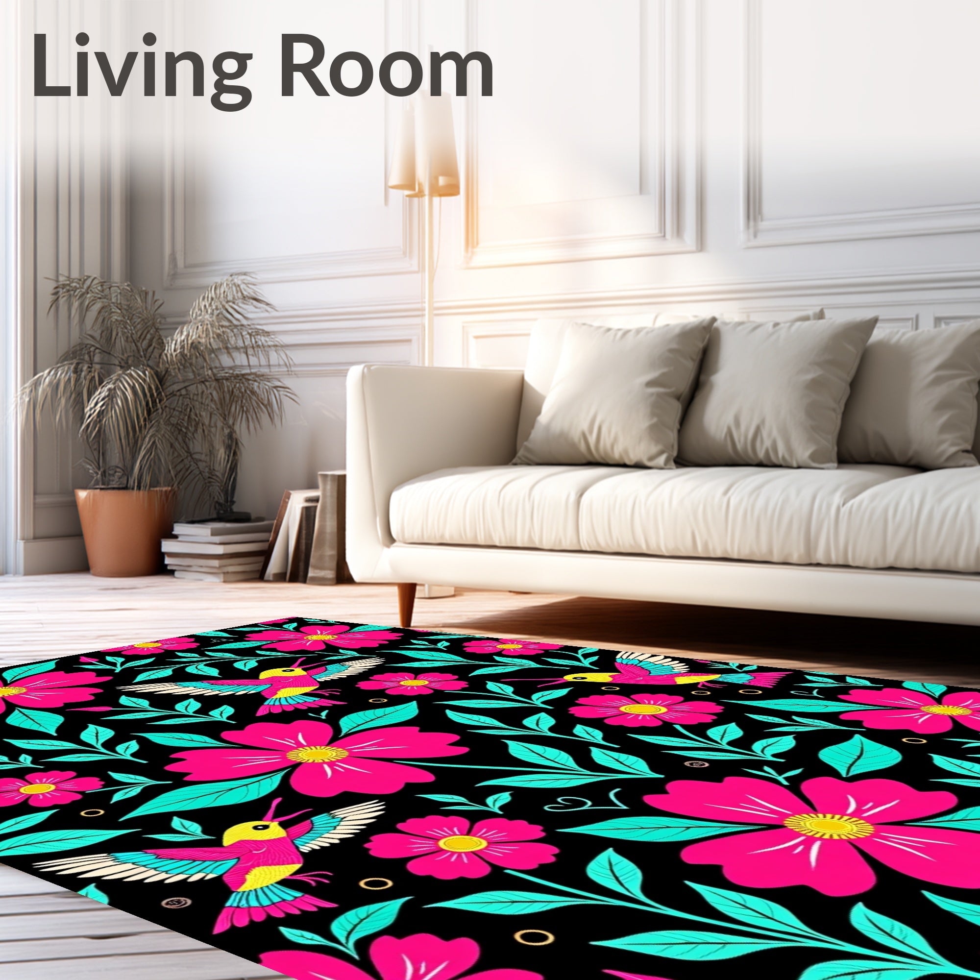 Vibrant Pink Floral Hummingbird Garden Rug
