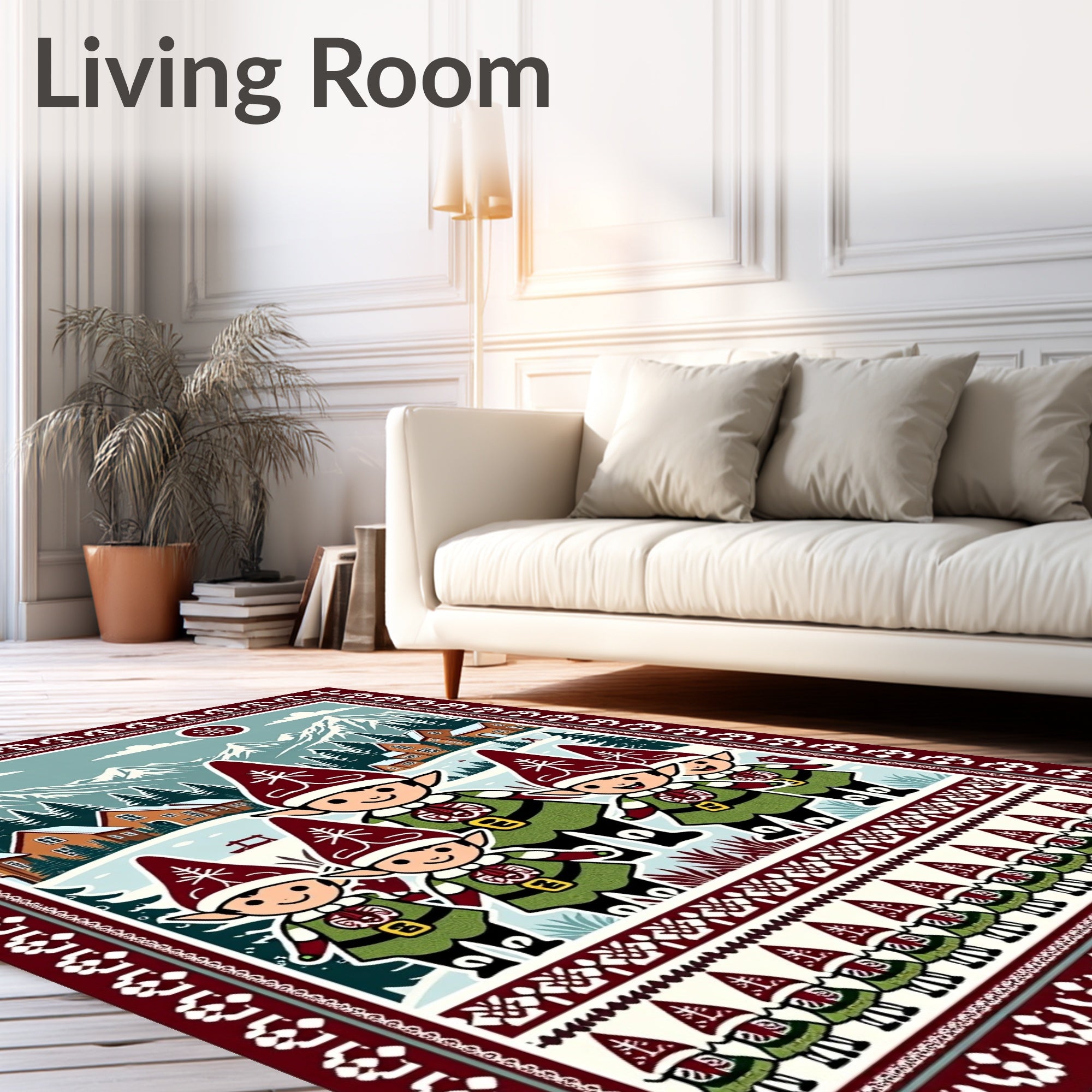 Whimsical Elven Village Mountain Scene Rug
