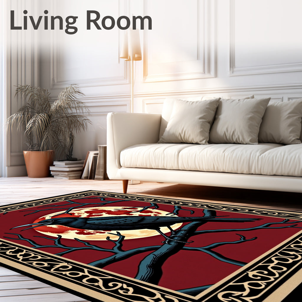 Mysterious Black Crow Red Moon Branches Rug