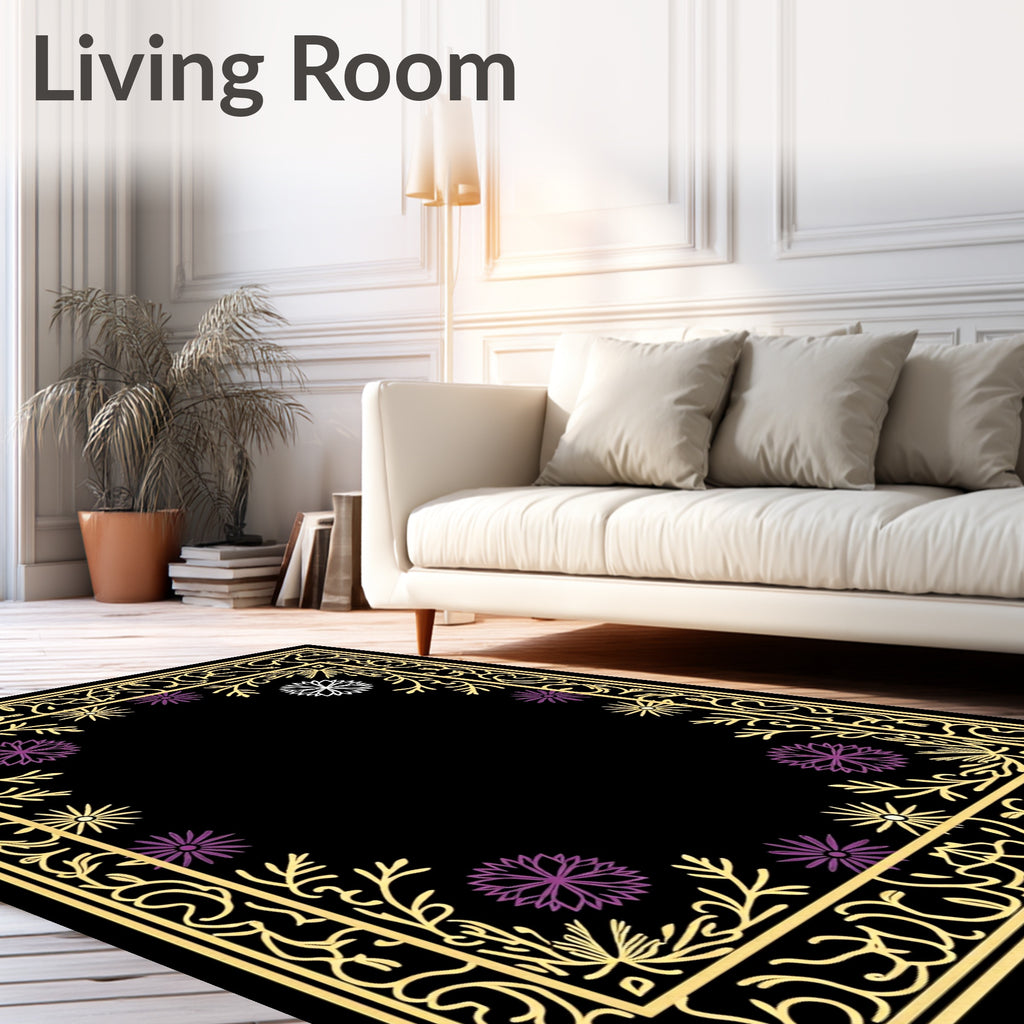 Golden Filigree Purple Flower Frame Rug