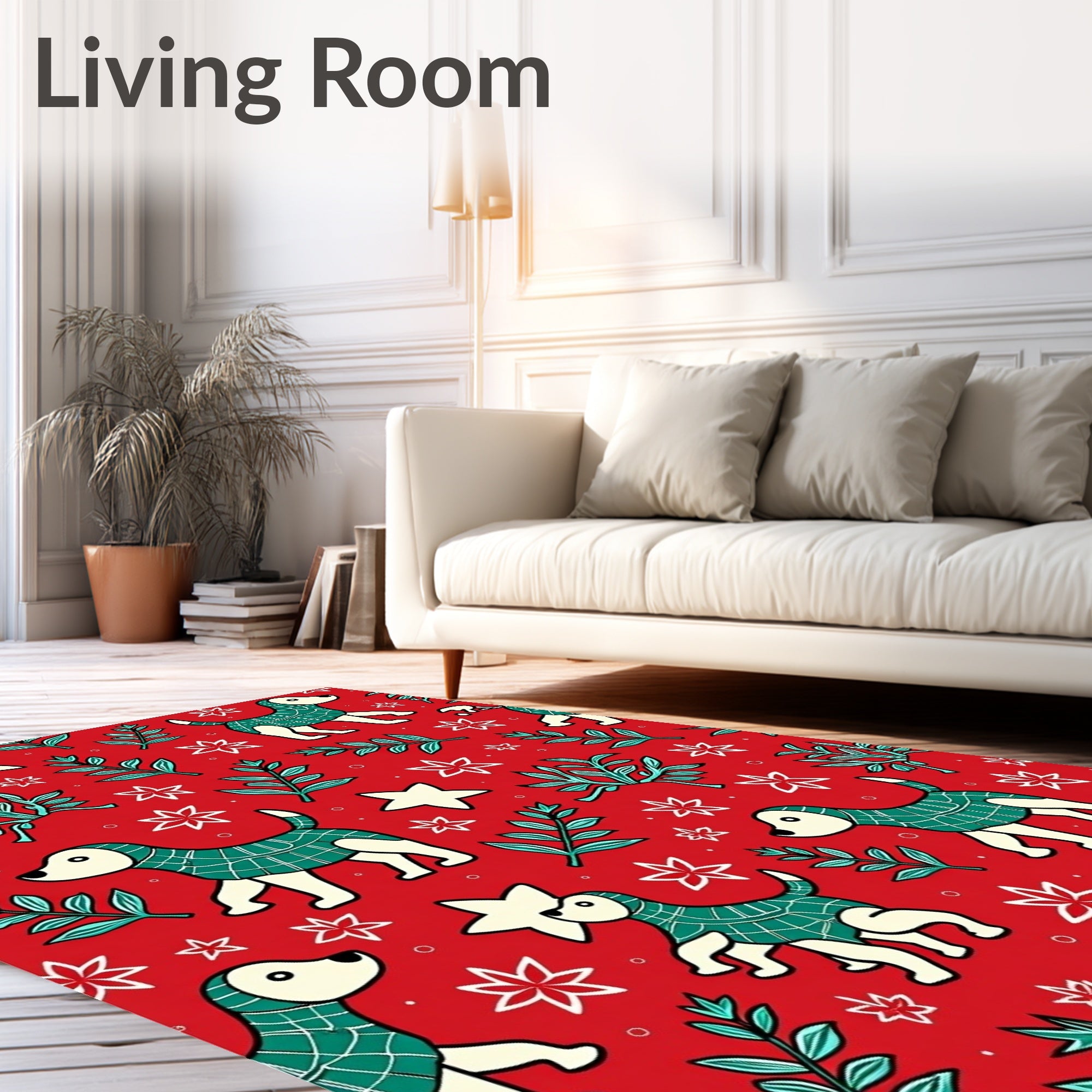 Red Whimsical Dog Star Branch Rug