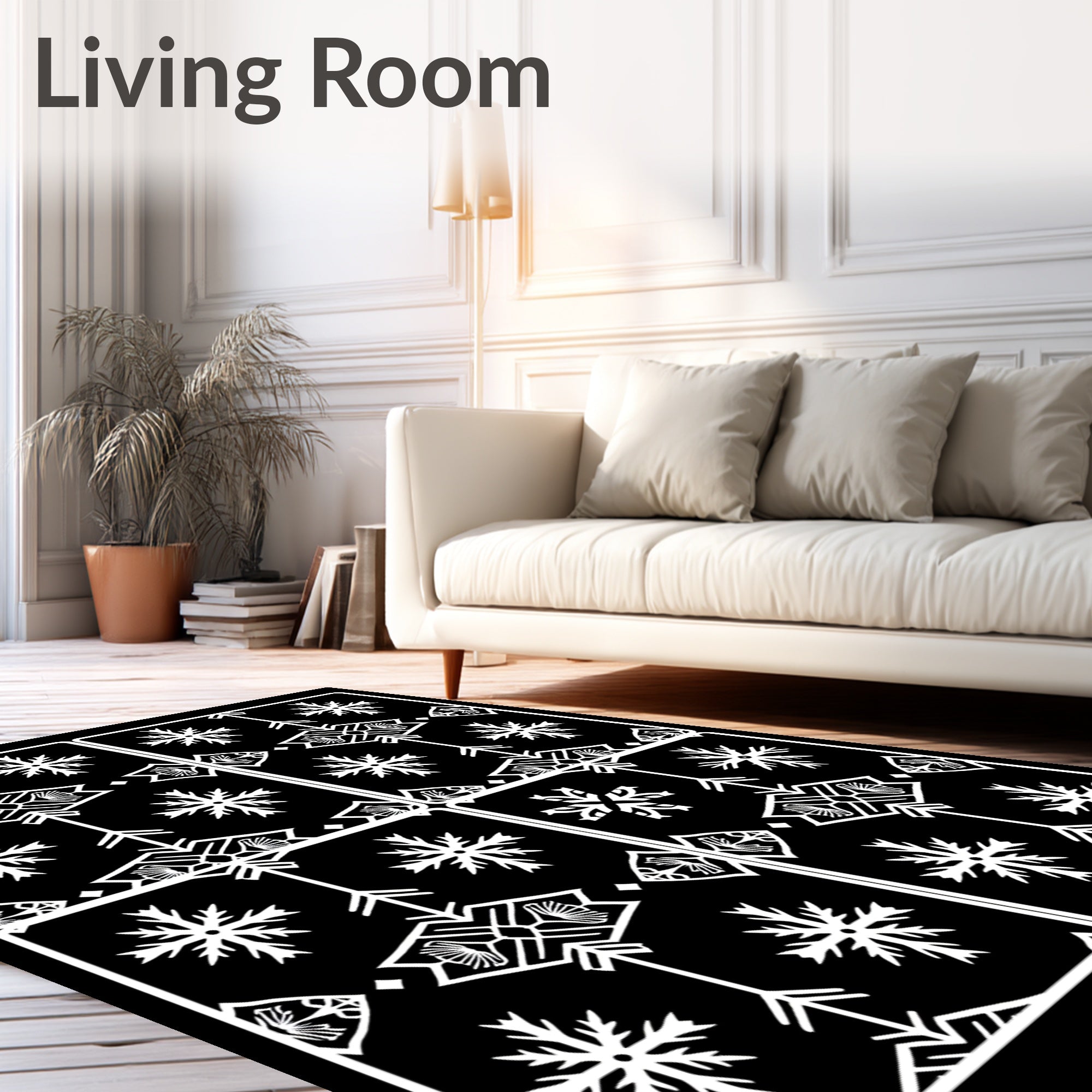 Monochromatic White Snowflake Geometric Medallion Rug