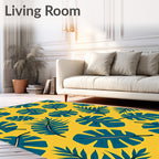 Teal Tropical Leaves on Yellow Background Rug