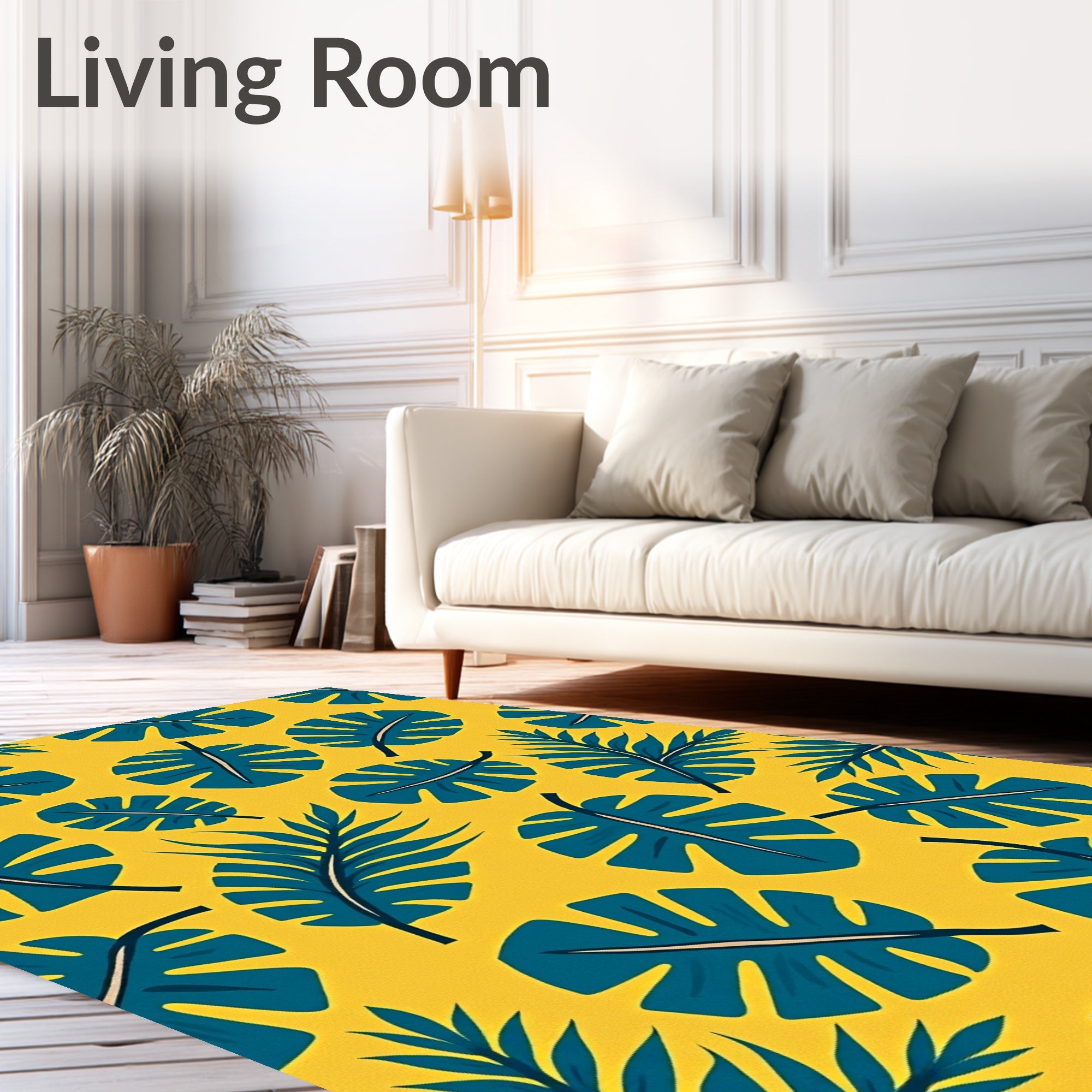Teal Tropical Leaves on Yellow Background Rug
