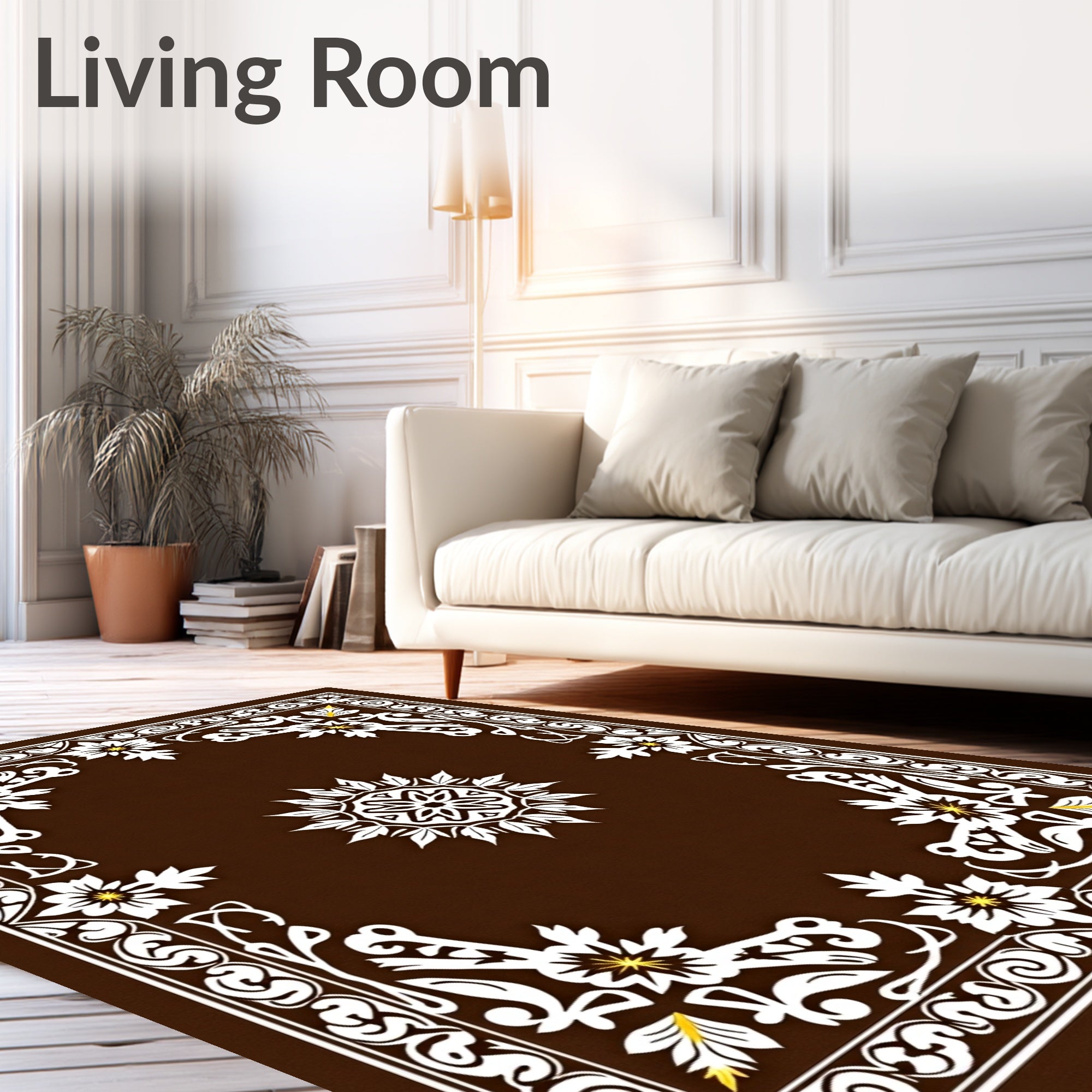 Dark Brown White Floral Medallion Border Rug