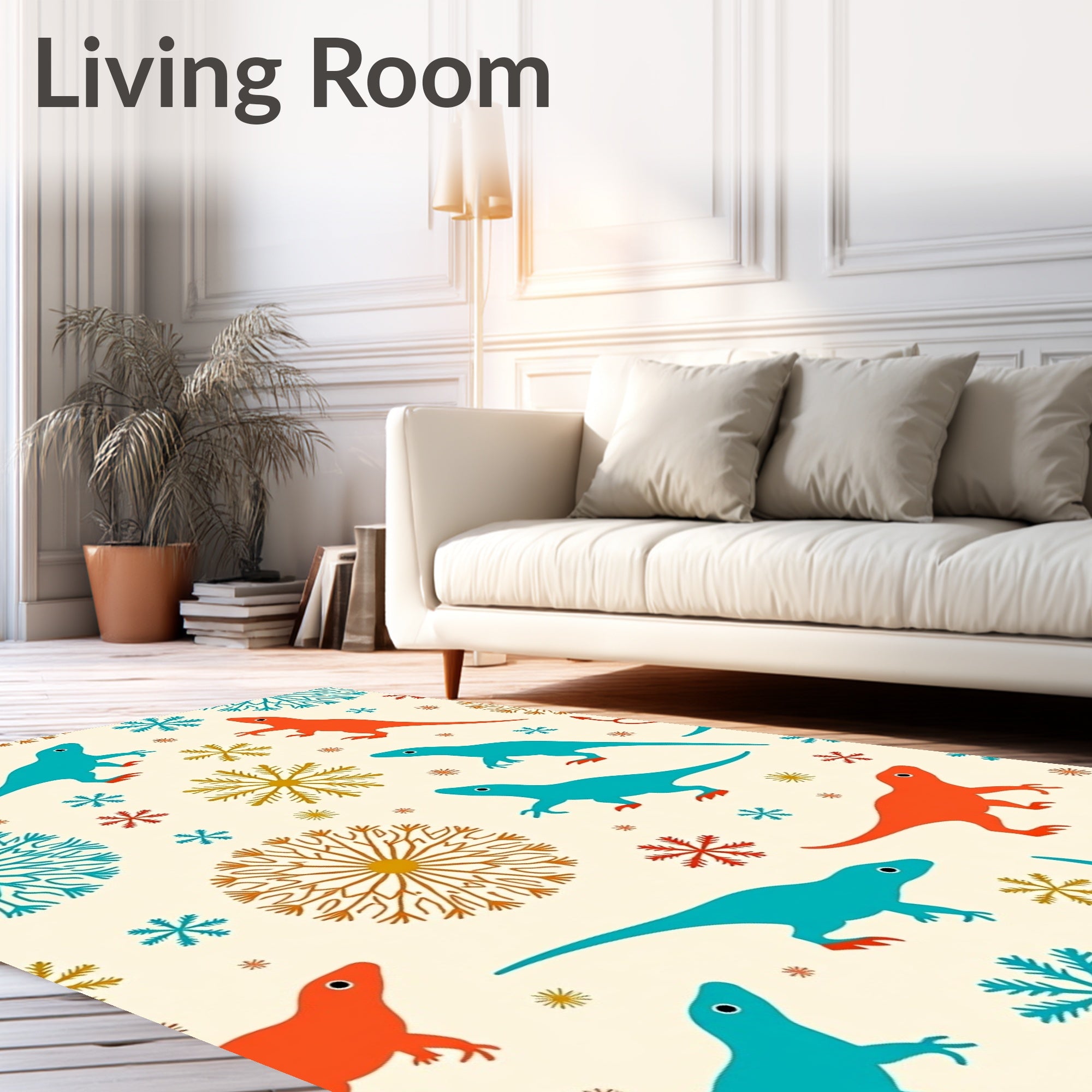 Turquoise Orange Dinosaur Snowflakes Rug