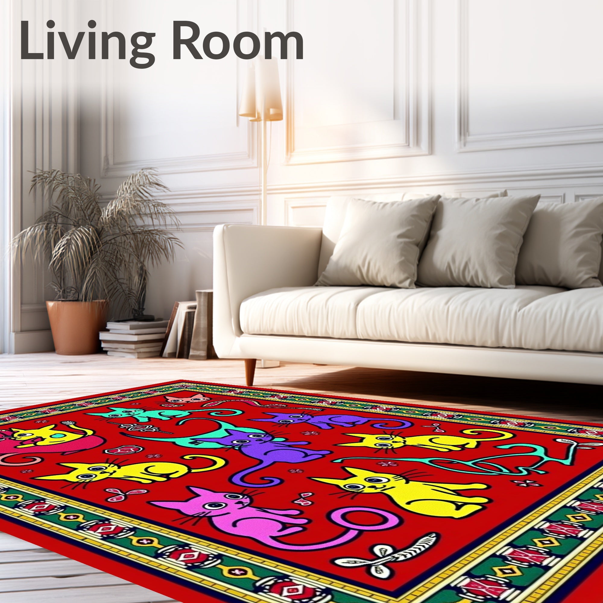 Playful Neon Cats Red Field Rug