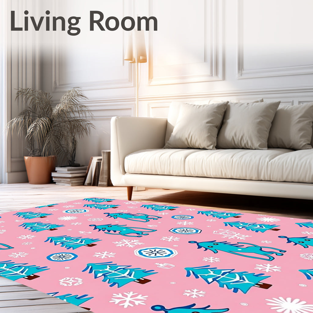 Whimsical Blue Creatures Christmas Trees Rug