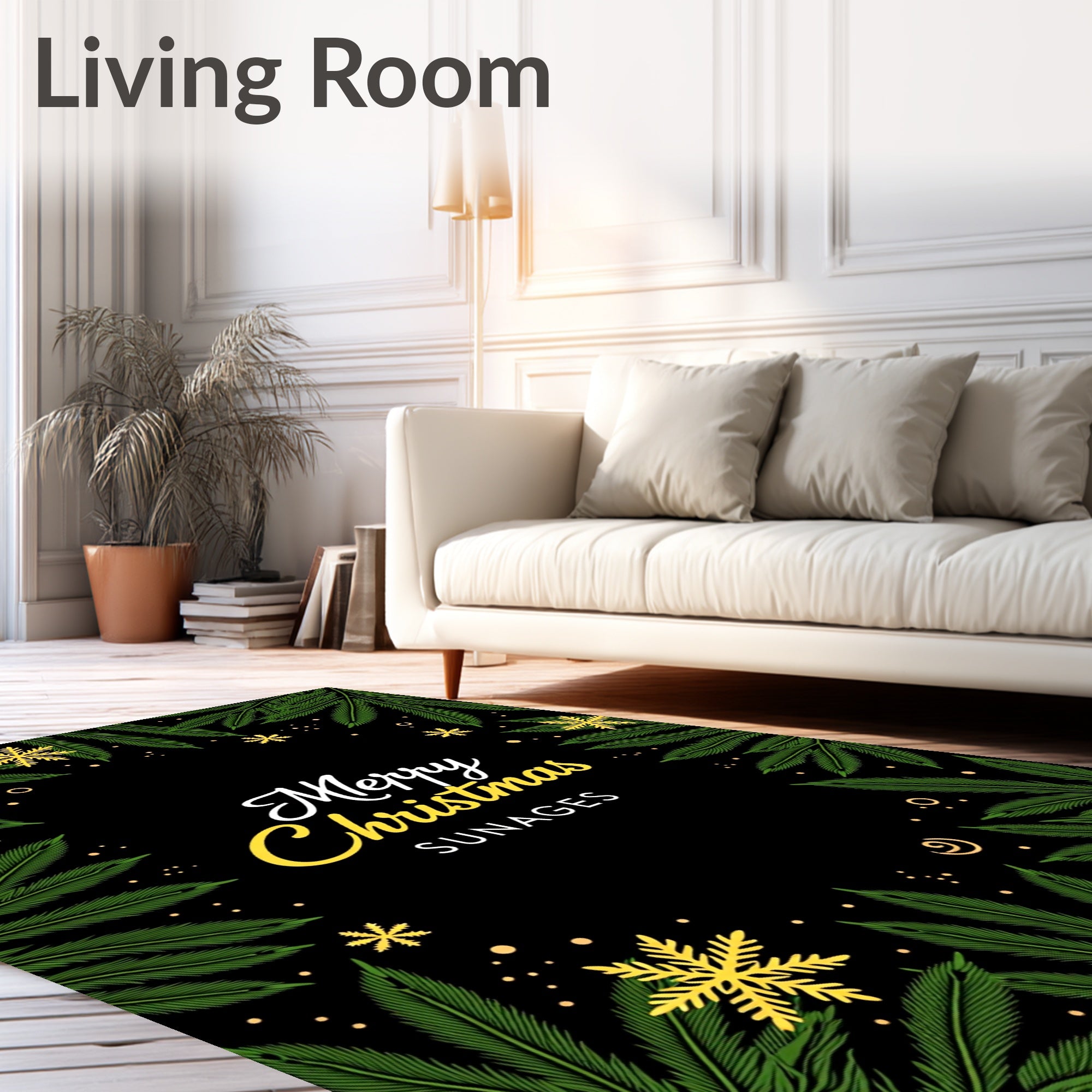 Green Fern Snowflake Holiday Border Rug