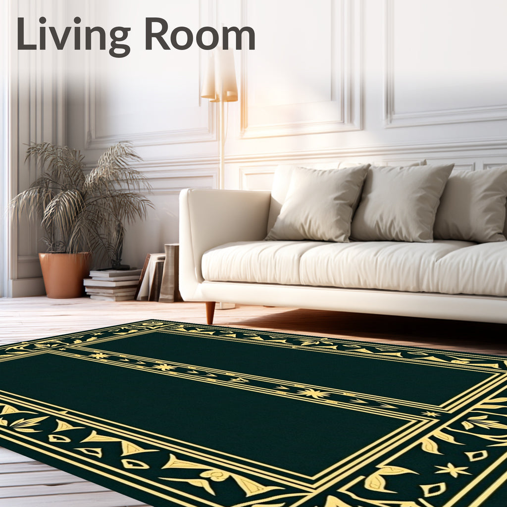 Dark Emerald Gold Ornate Rectangular Rug