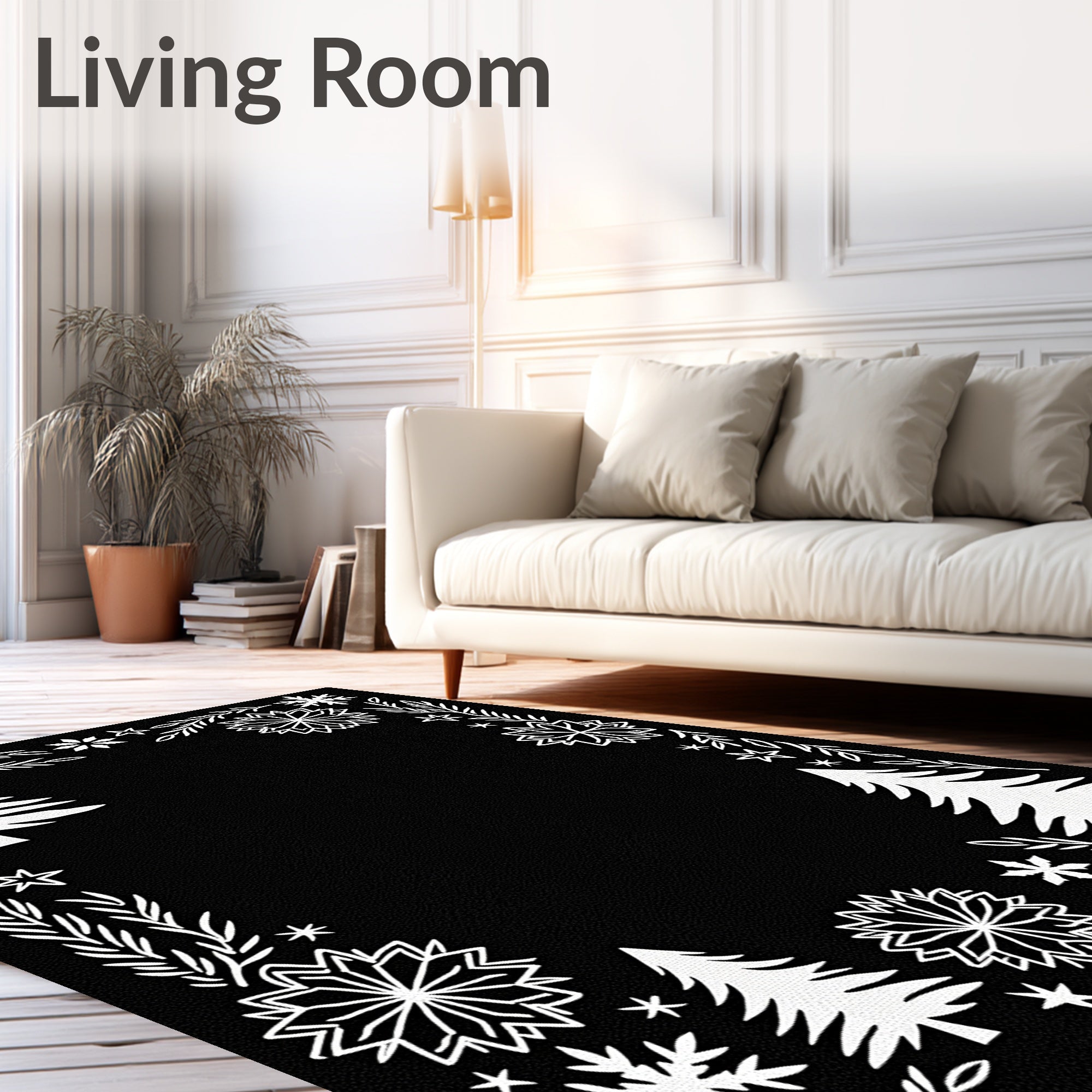 White Winter Evergreen Snowflakes Border Rug