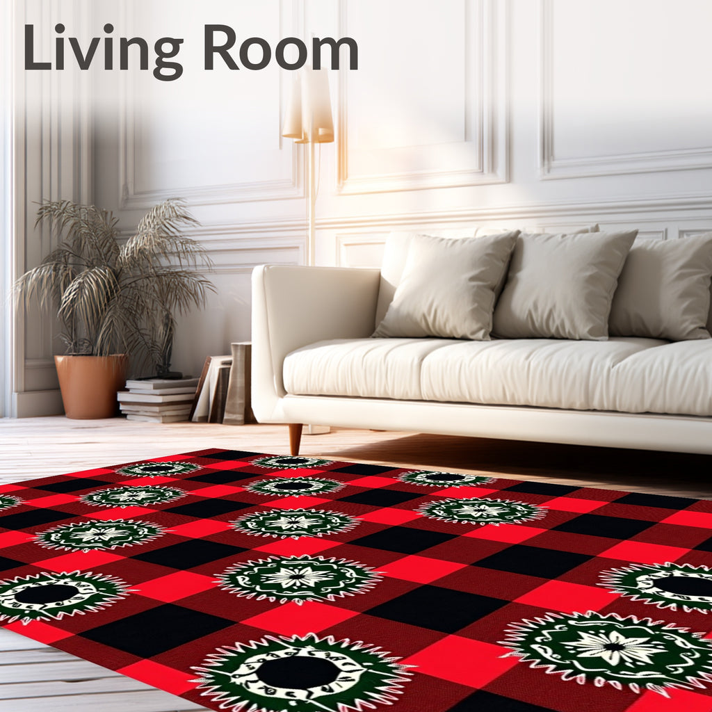Red Black Buffalo Check Floral Medallions Rug