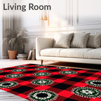 Red Black Buffalo Check Floral Medallions Rug