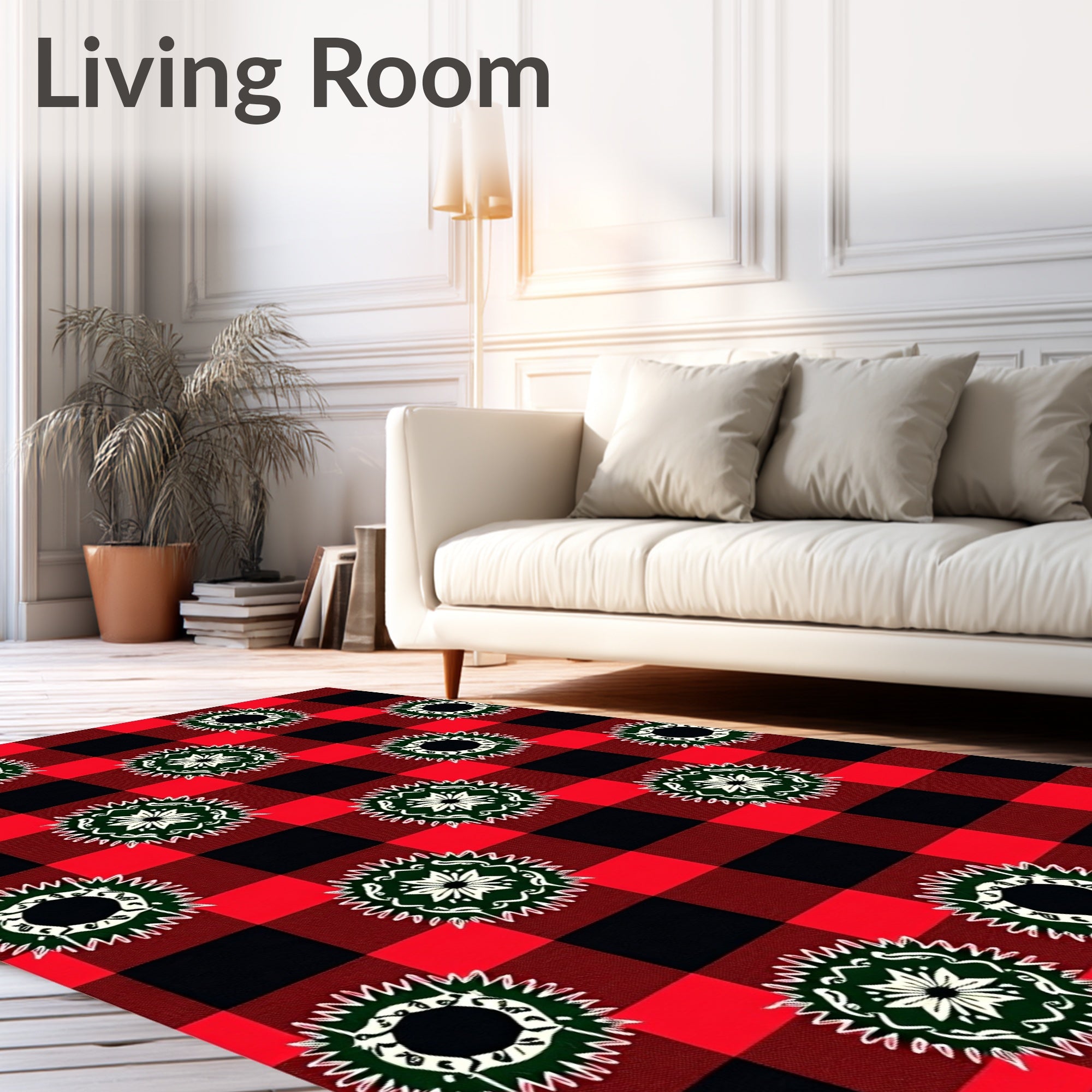 Red Black Buffalo Check Floral Medallions Rug