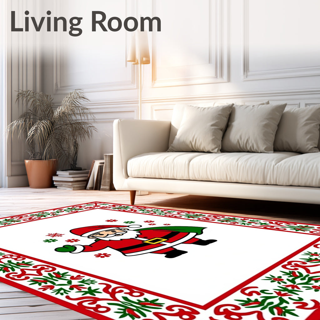 Festive Red Green Santa Snowflakes Border Rug