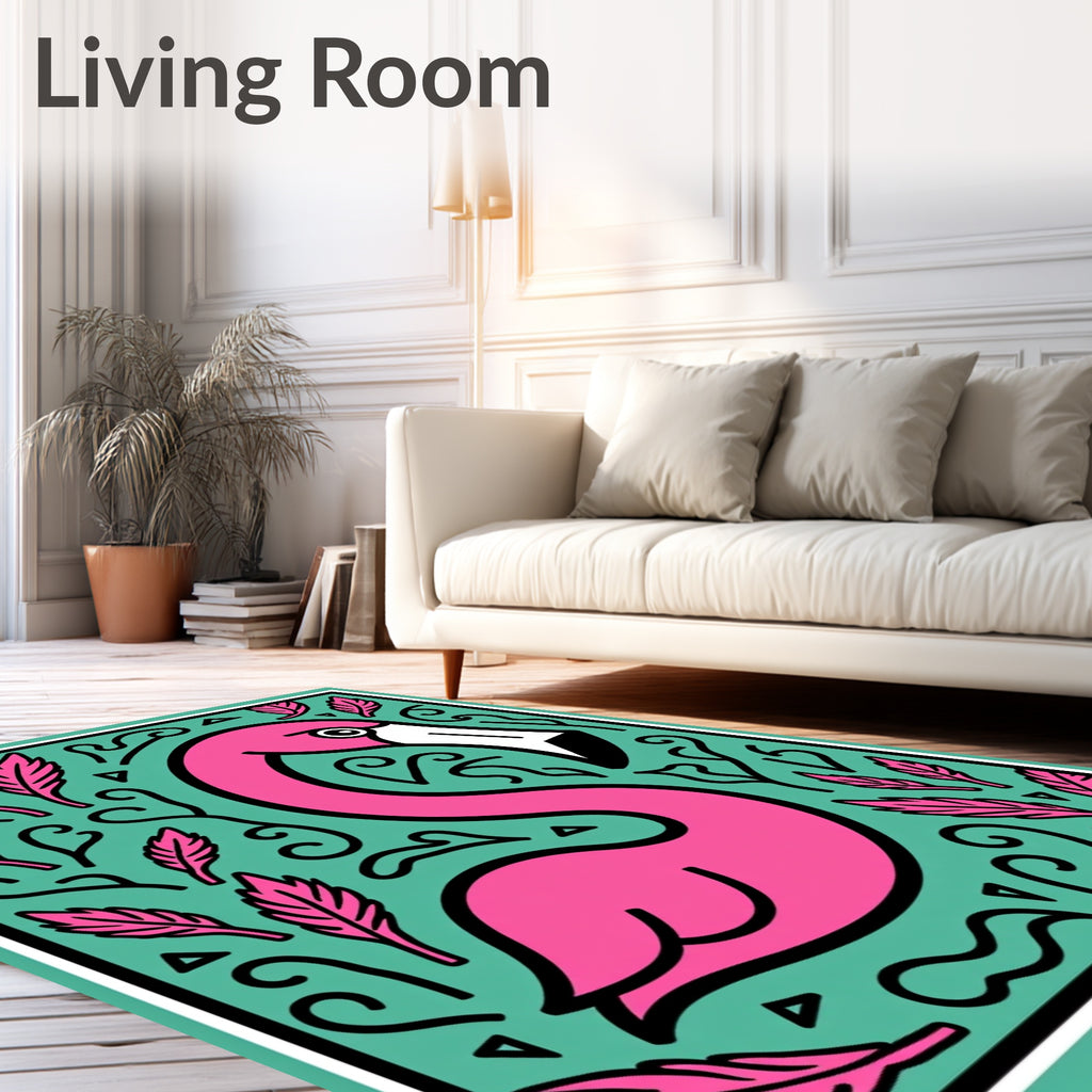 Pink Flamingo Feathered Teal Square Art Rug