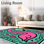 Pink Flamingo Feathered Teal Square Art Rug