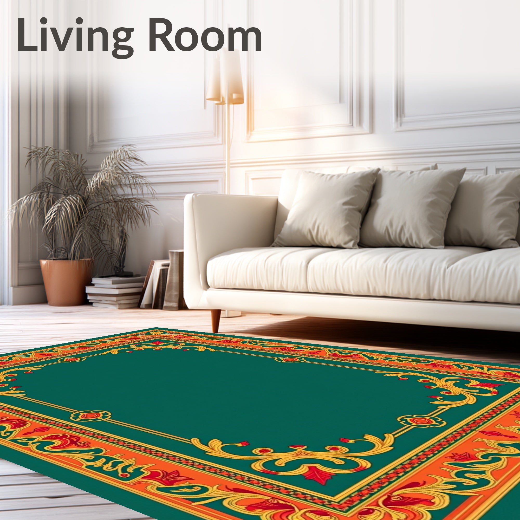Emerald Green Gold Red Floral Border Rug