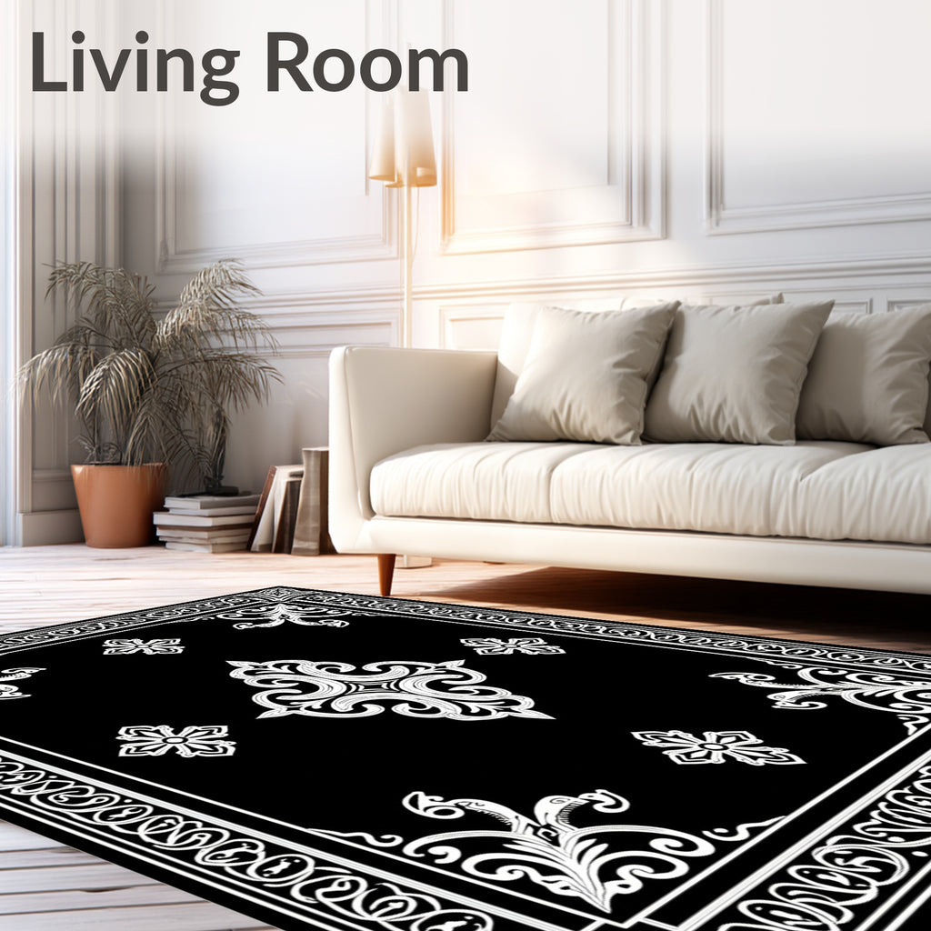 Black and White Ornate Scrollwork Rug