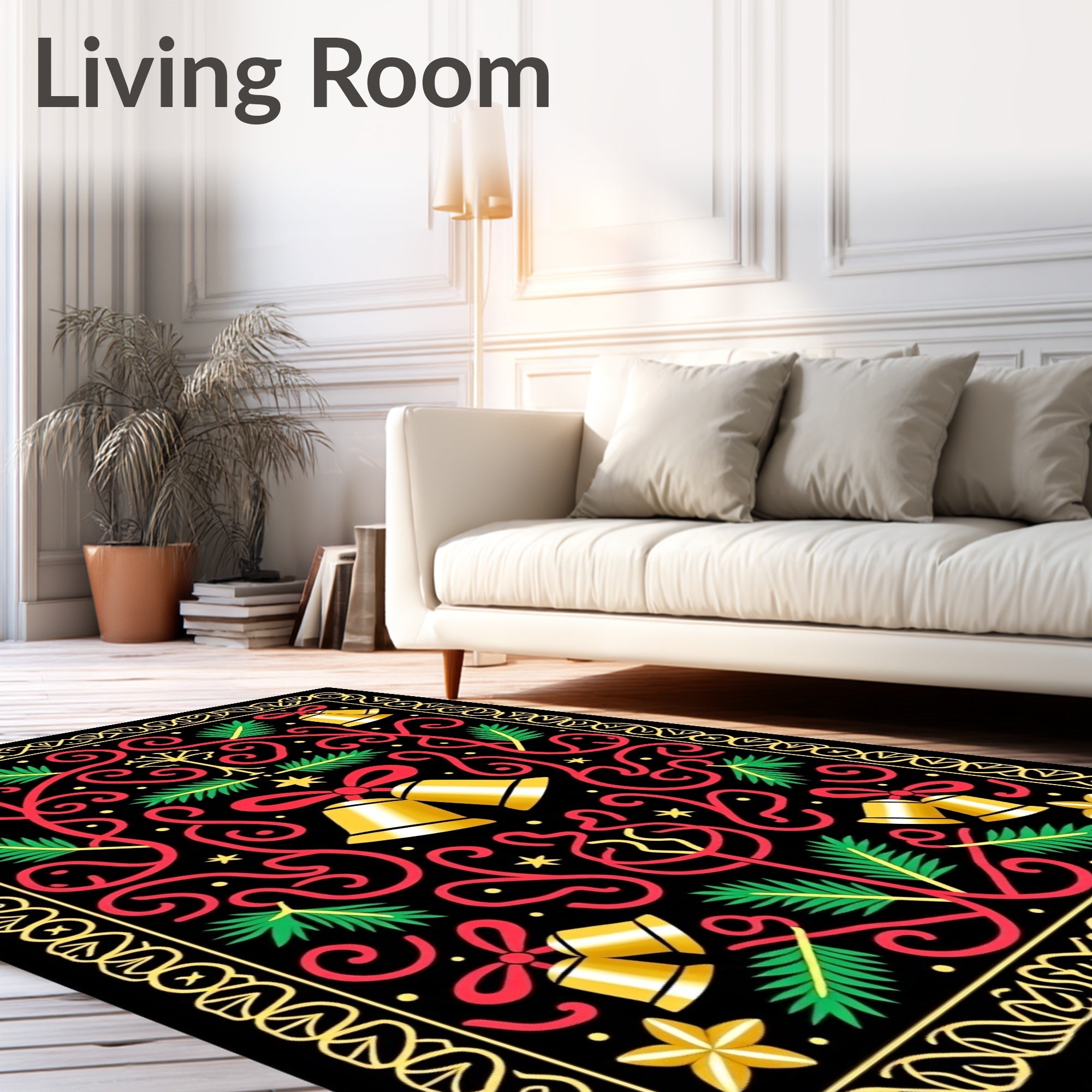 Festive Golden Bells Red Swirls Rug
