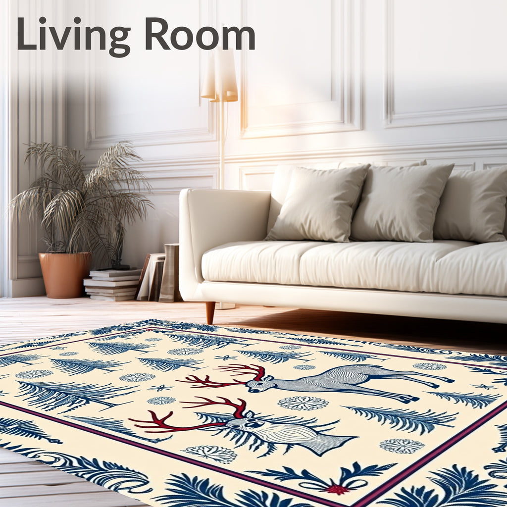 Crimson Antlered Deer Forest Snowflakes Rug