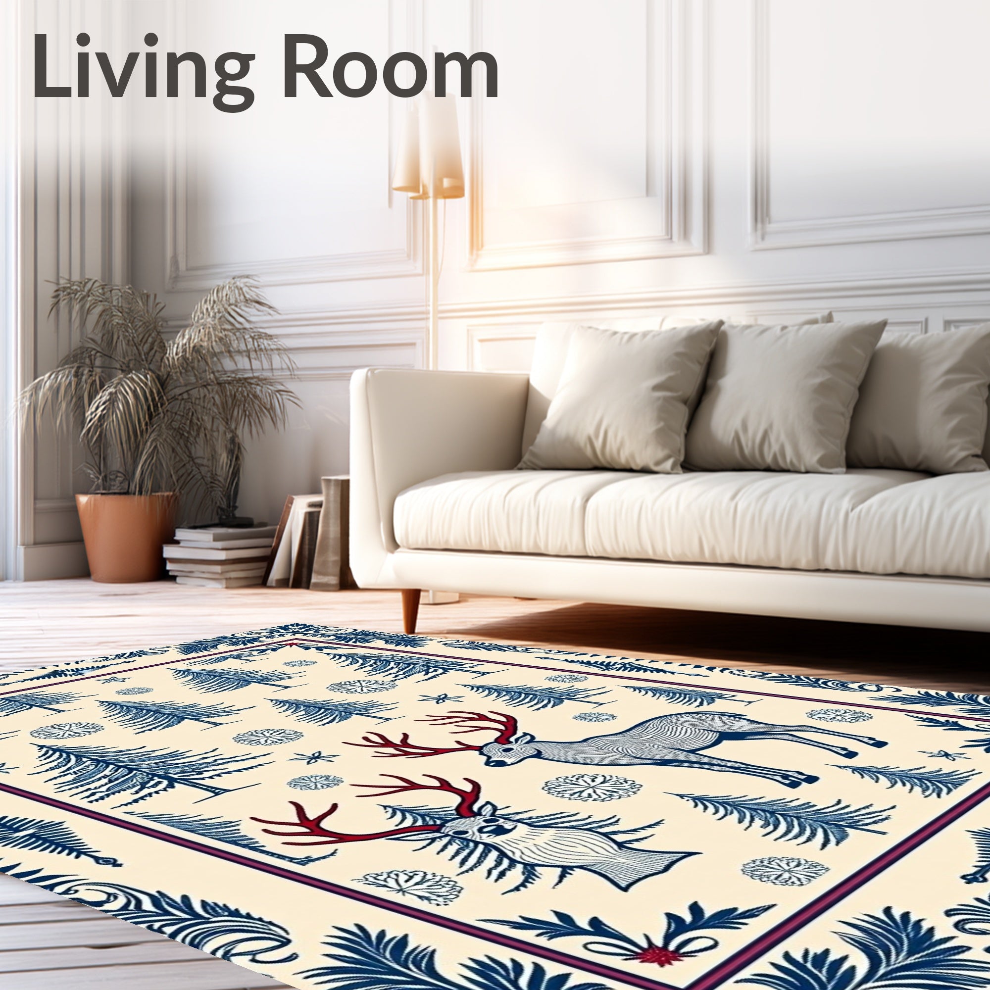 Crimson Antlered Deer Forest Snowflakes Rug
