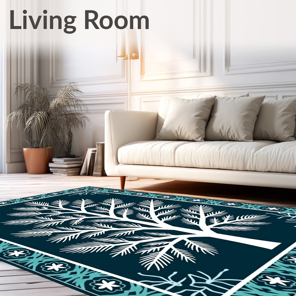 White Evergreen Tree Teal Border Rug