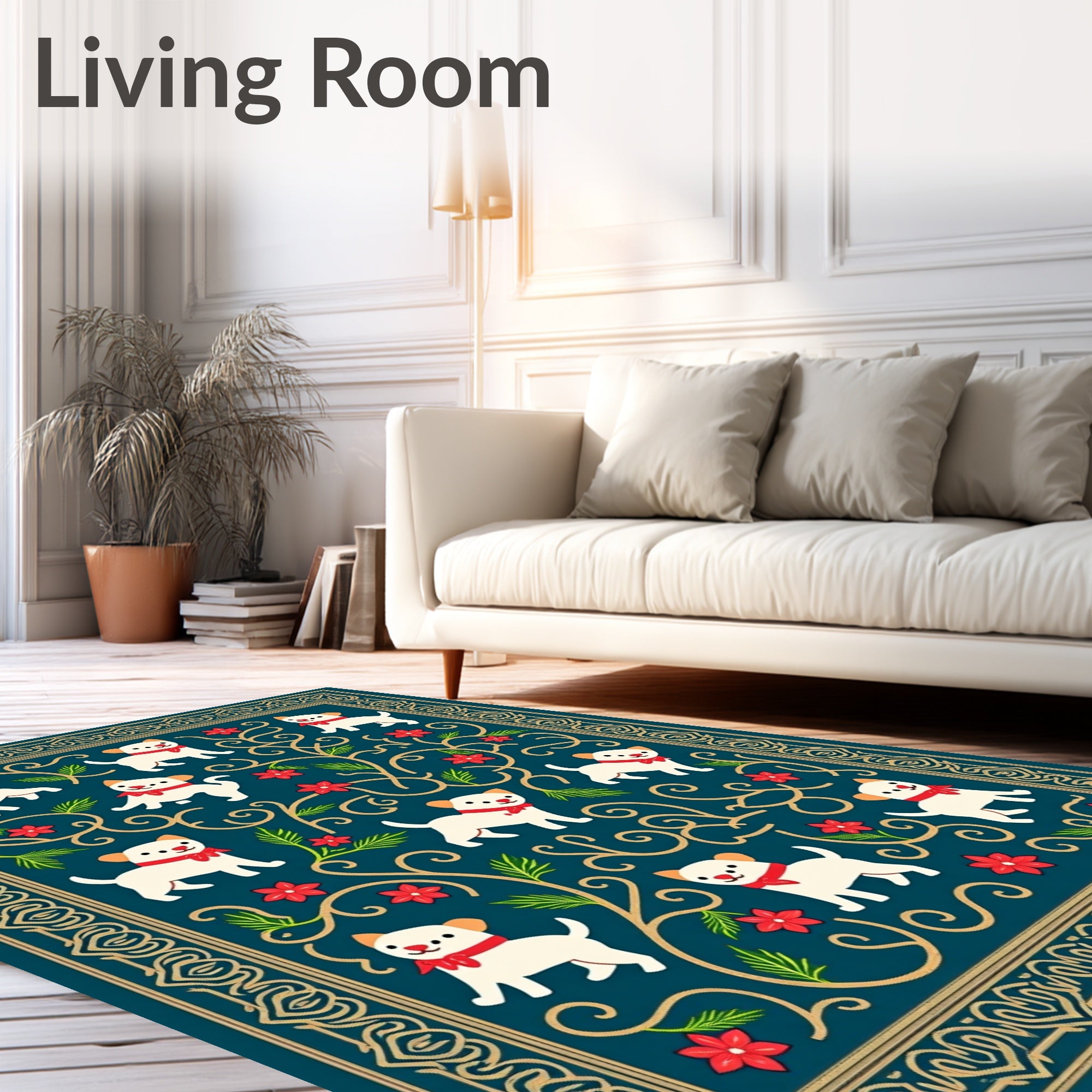 Whimsical White Puppies Red Flowers Trail Rug