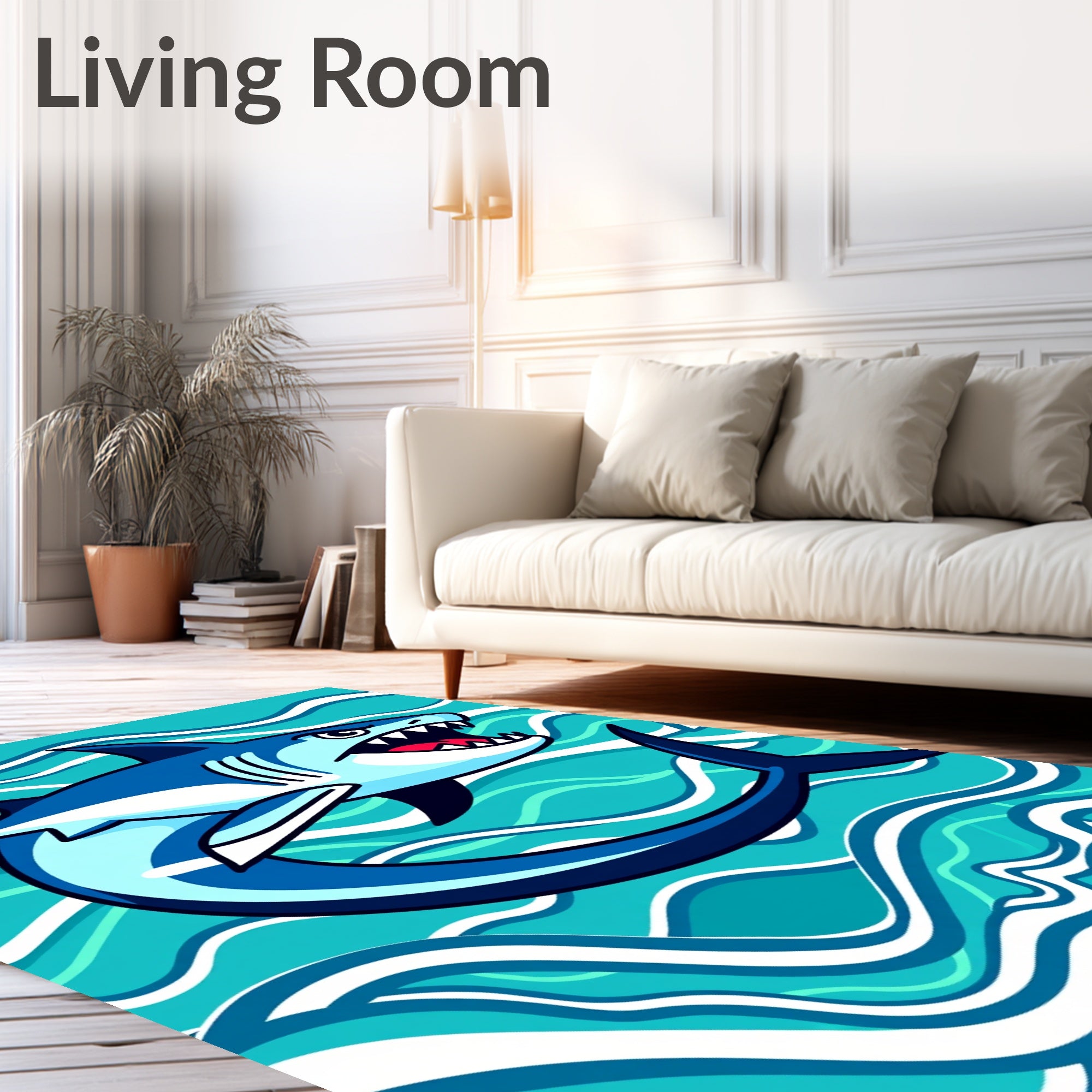Fierce Blue Shark Ocean Waves Rug