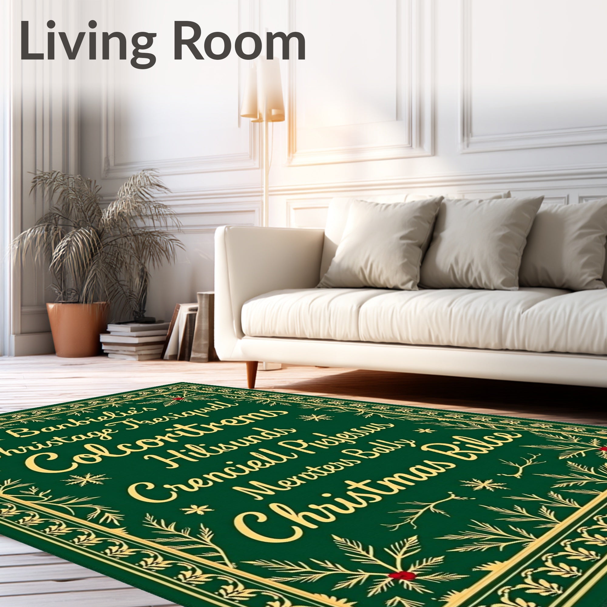 Festive Green Gold Holly Border Rug