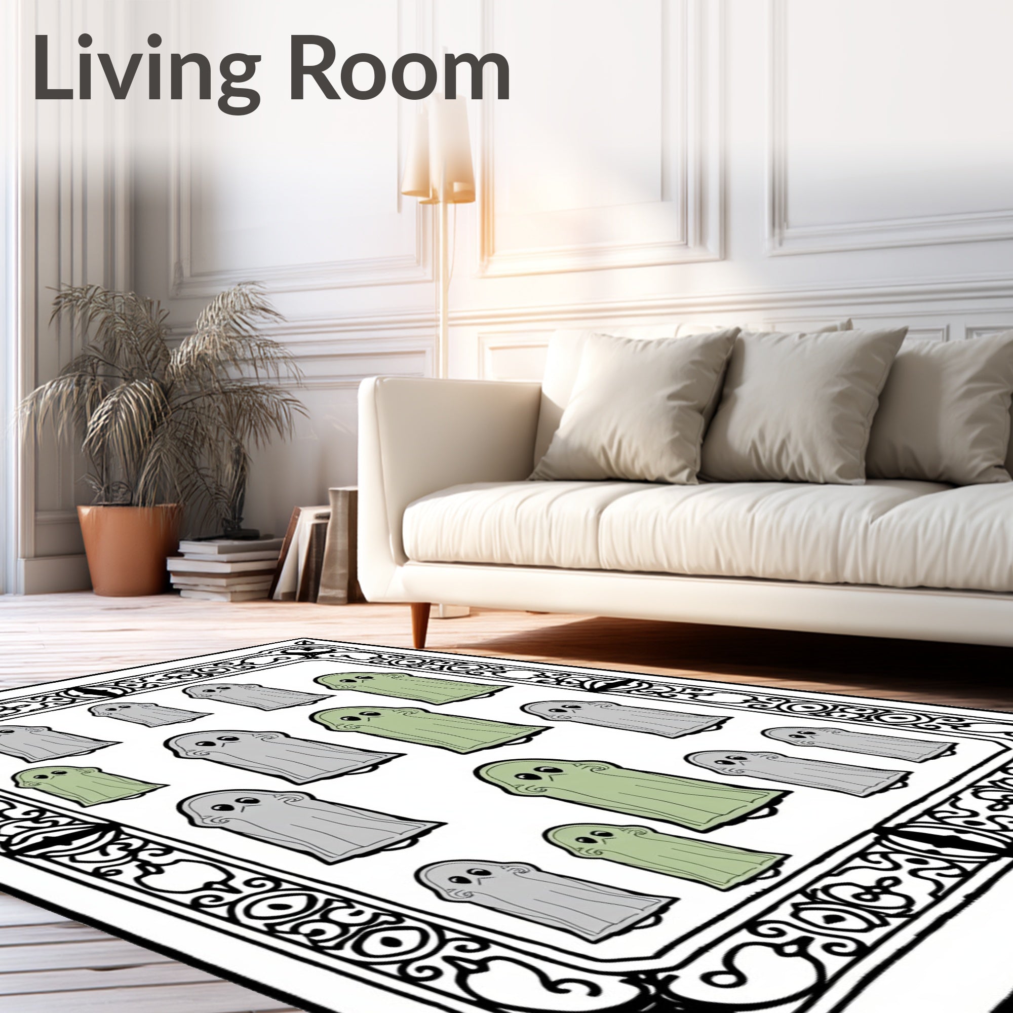 Whimsical Green Gray Ghost Gathering Rug