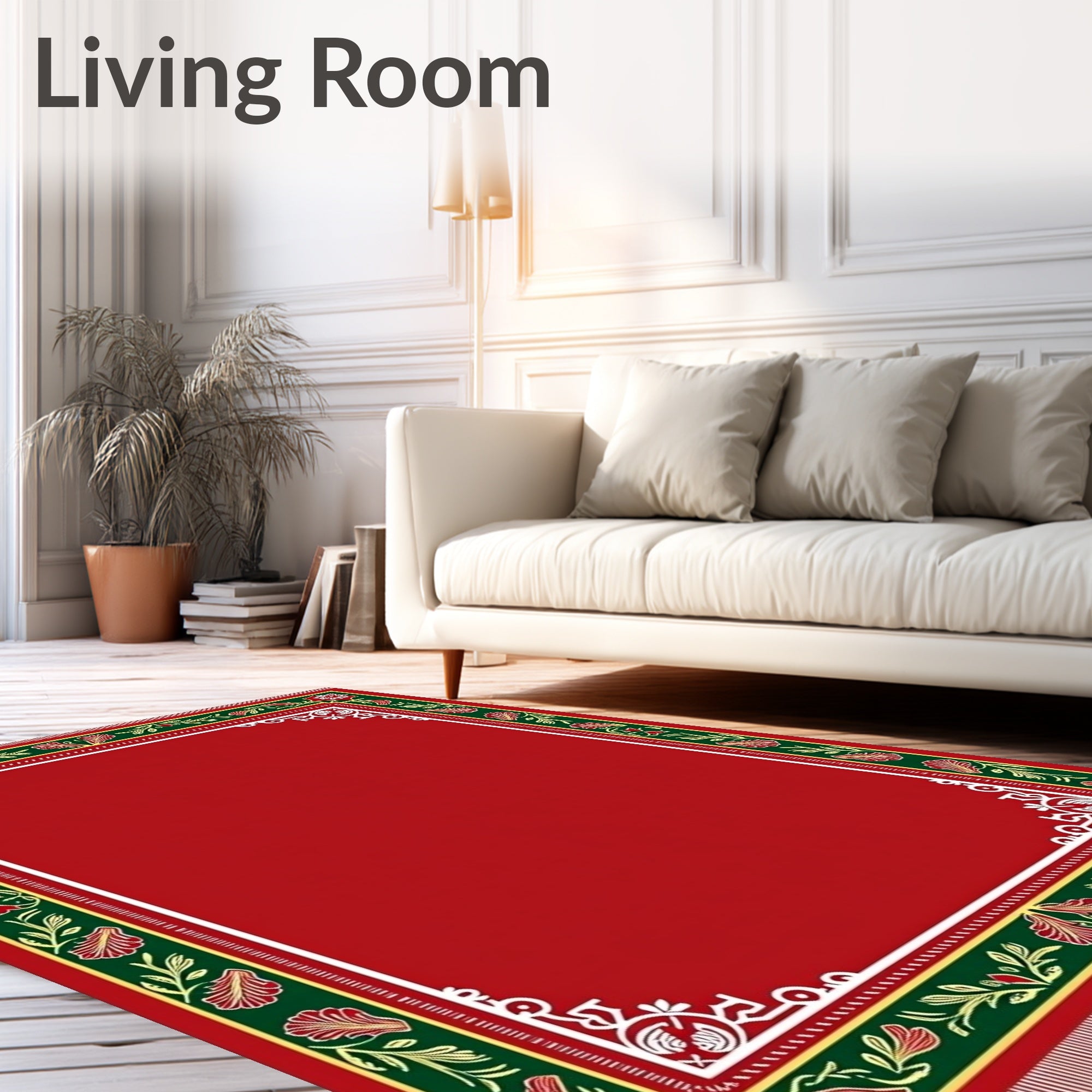 Crimson Green Floral Bordered Area Rug