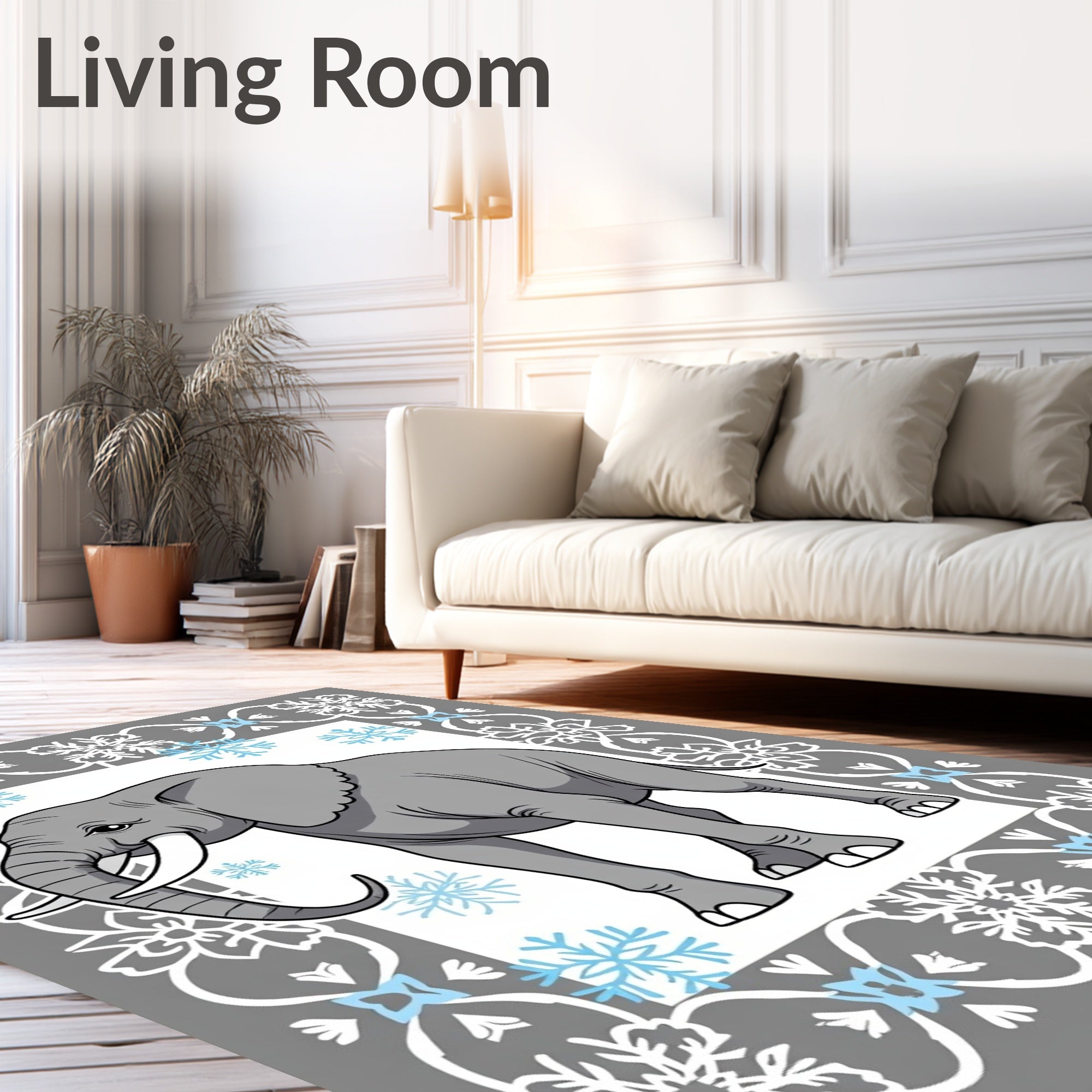 Gray Elephant Winter Snowflake Border Rug