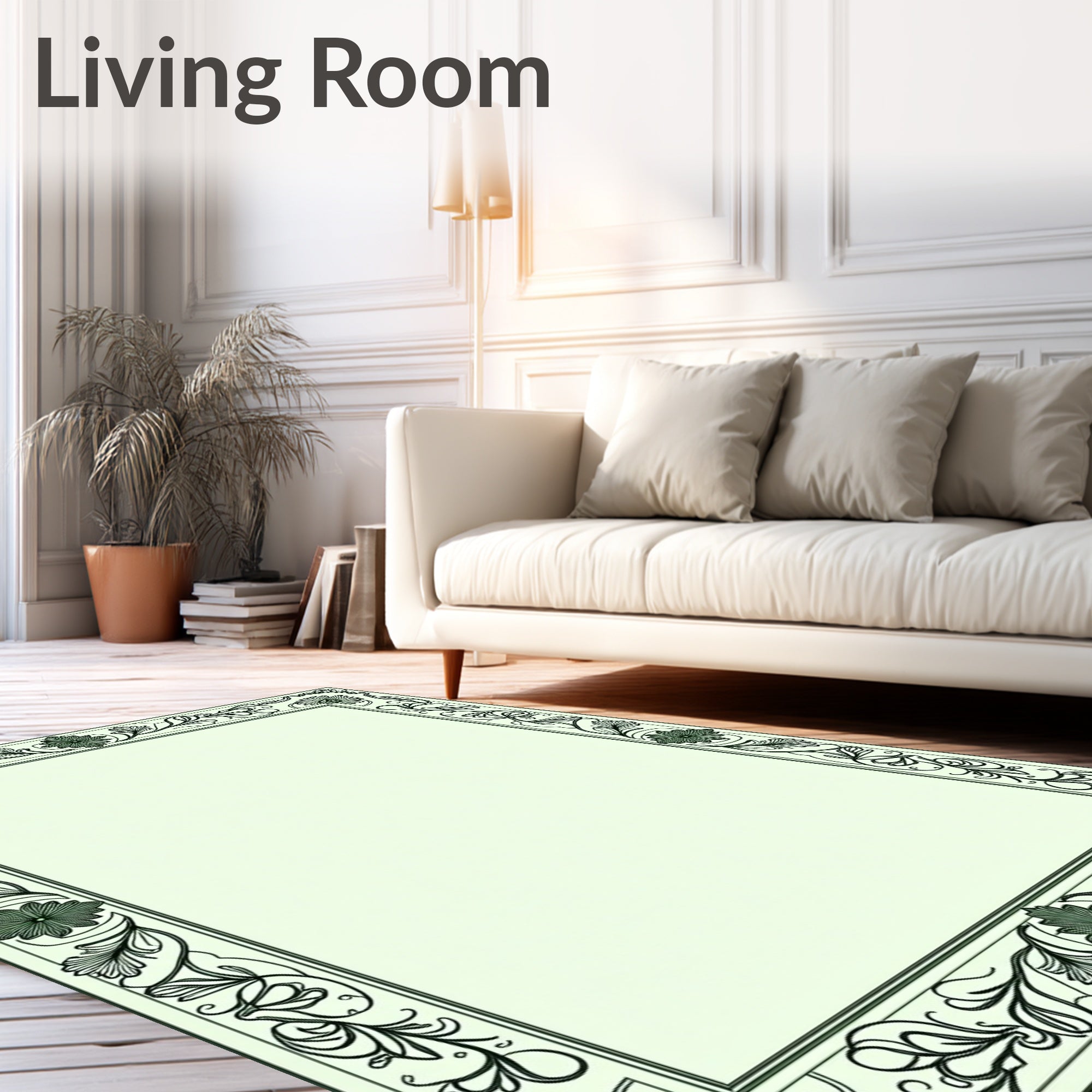 Elegant Black Outline Floral Border Rug