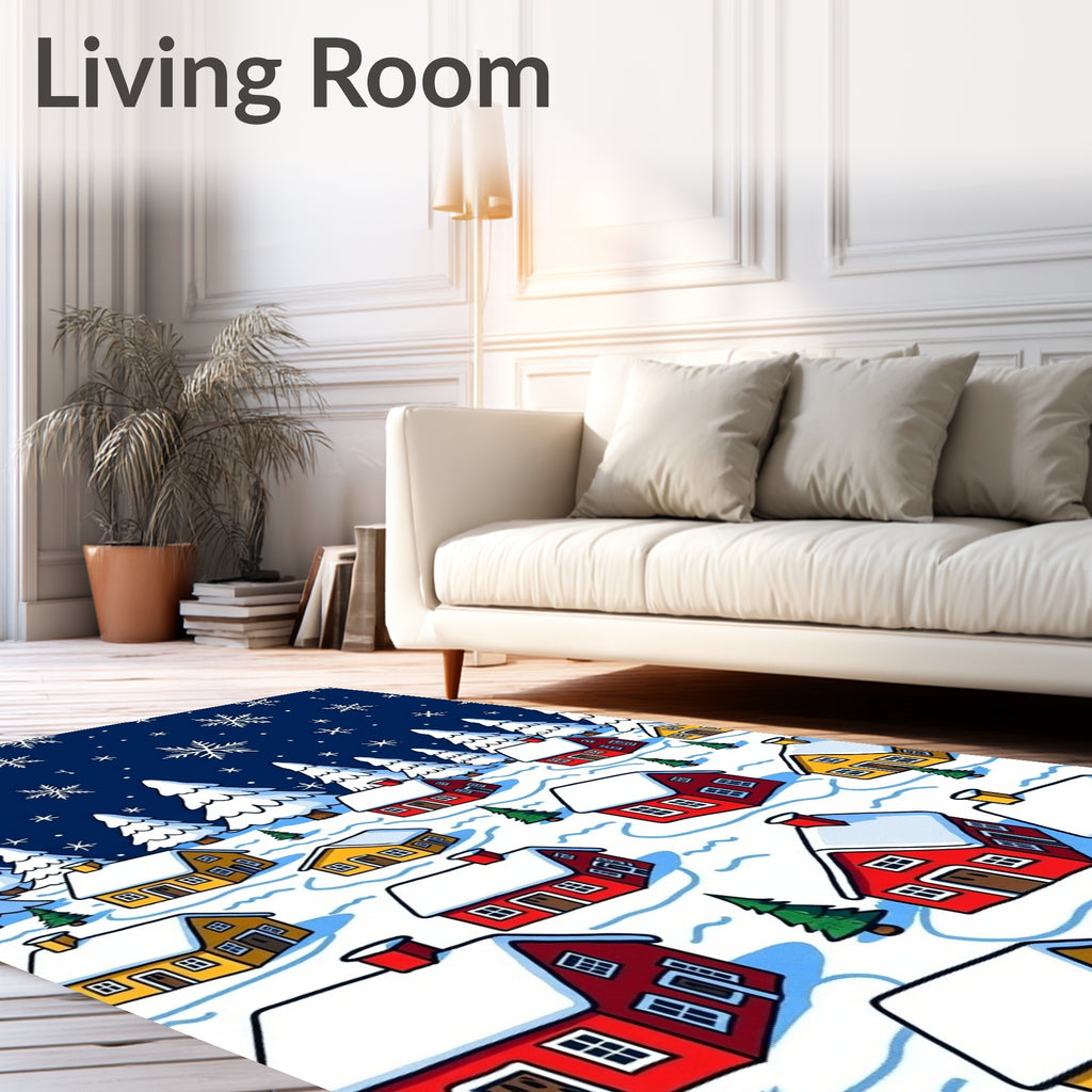 Winter Village Snowflakes Red Yellow Houses Rug