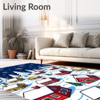 Winter Village Snowflakes Red Yellow Houses Rug
