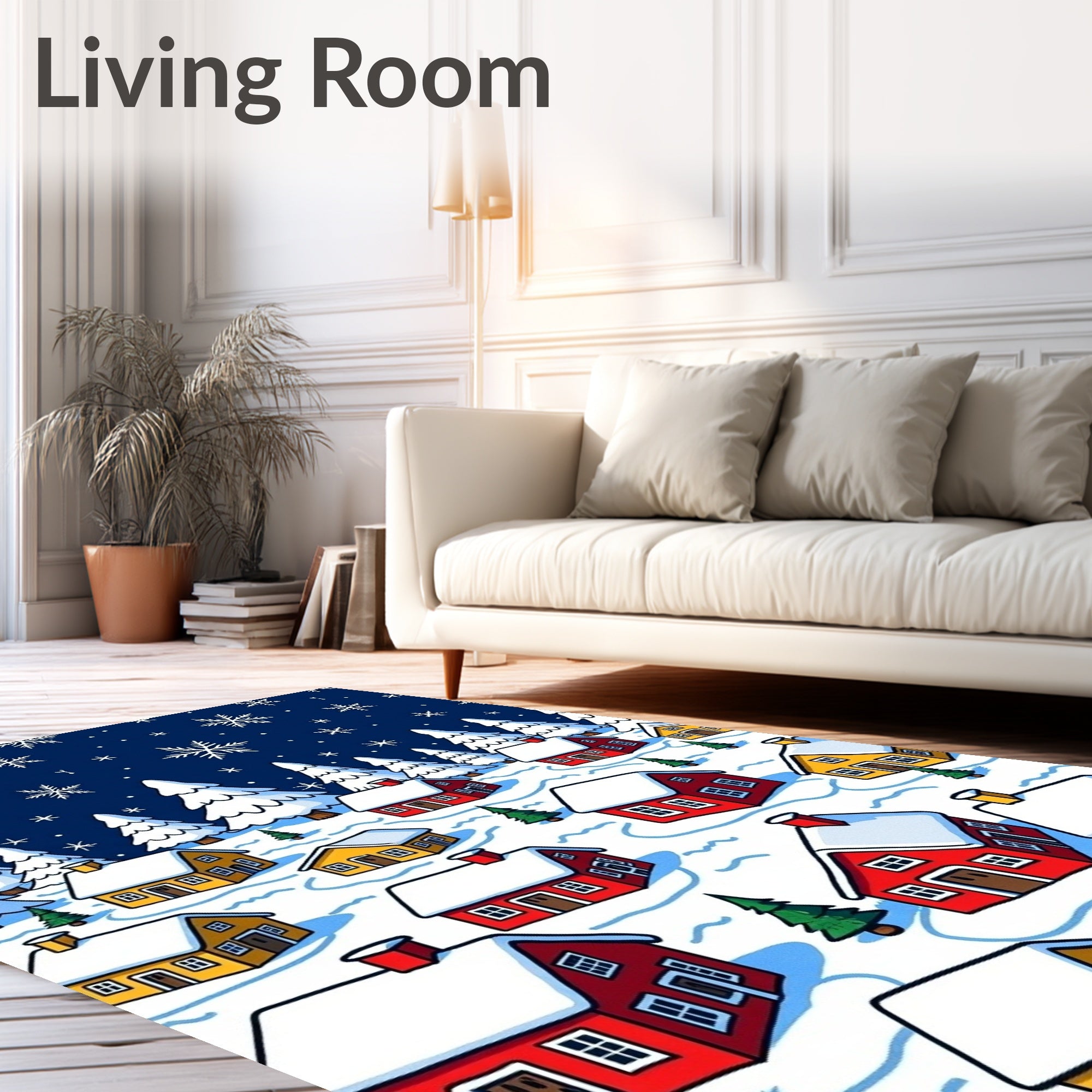Winter Village Snowflakes Red Yellow Houses Rug