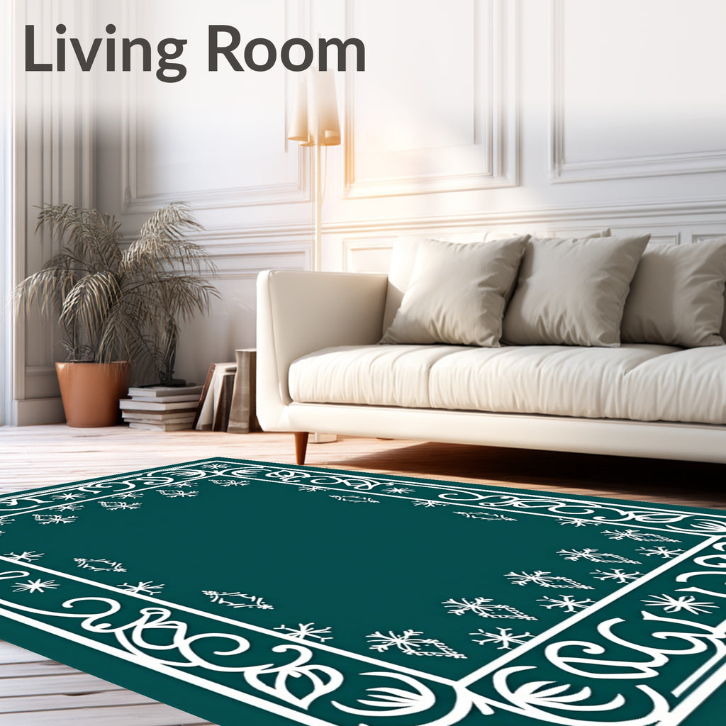 White Damask Snowflake Frame Teal Rug