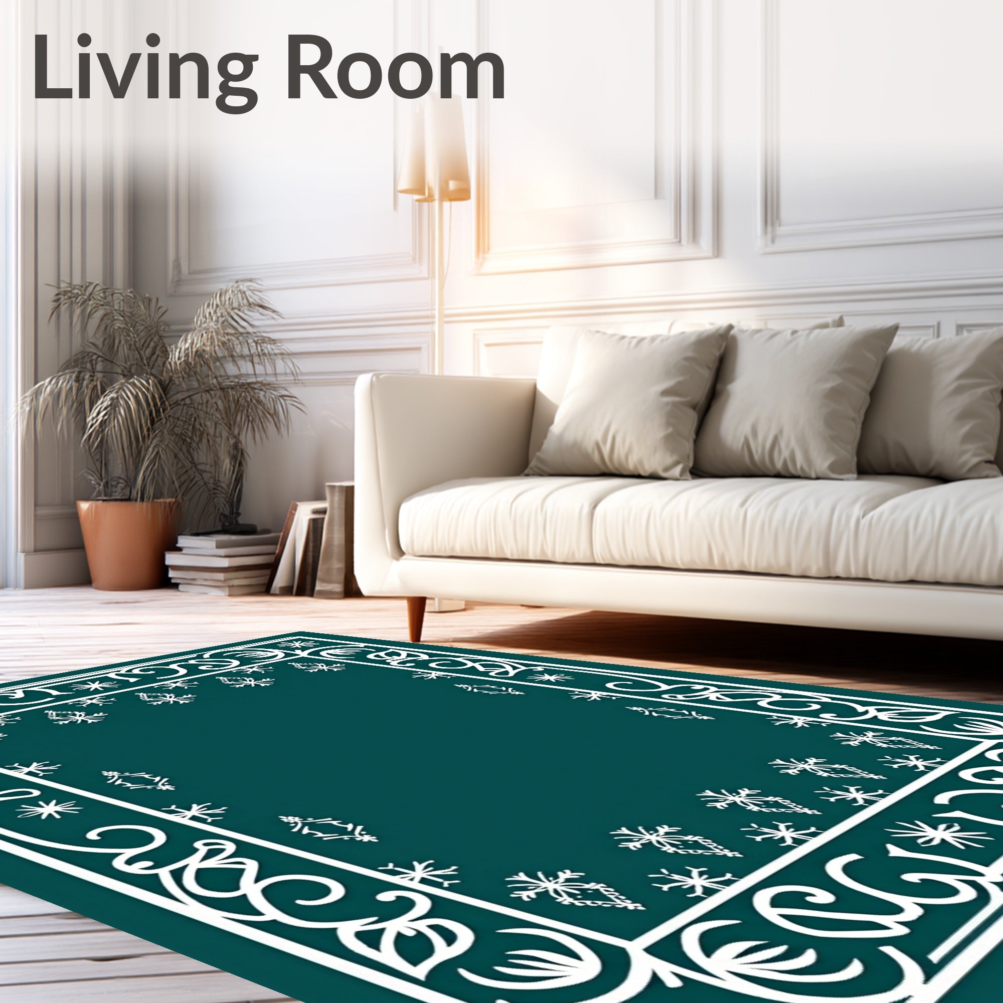 White Damask Snowflake Frame Teal Rug
