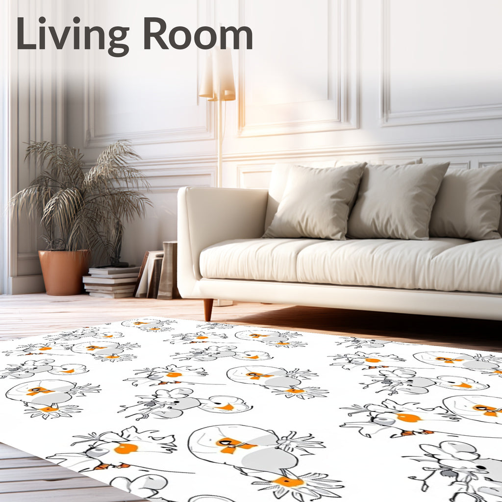 Whimsical White Cartoon Bird Floral Repeat Rug