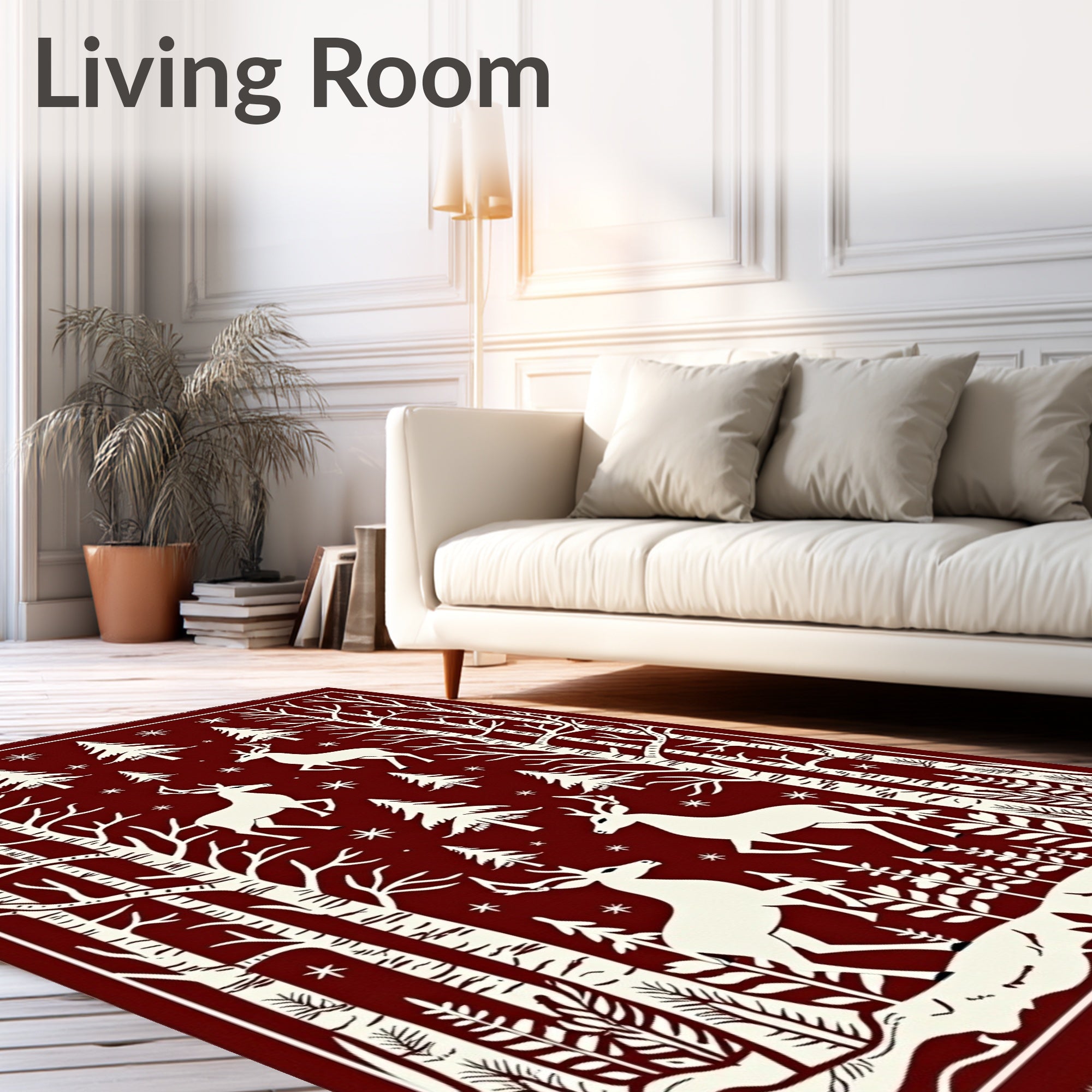 Red Forest Deer Winter Scene Rug
