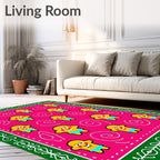 Pink yellow figures border swirly elements Rug