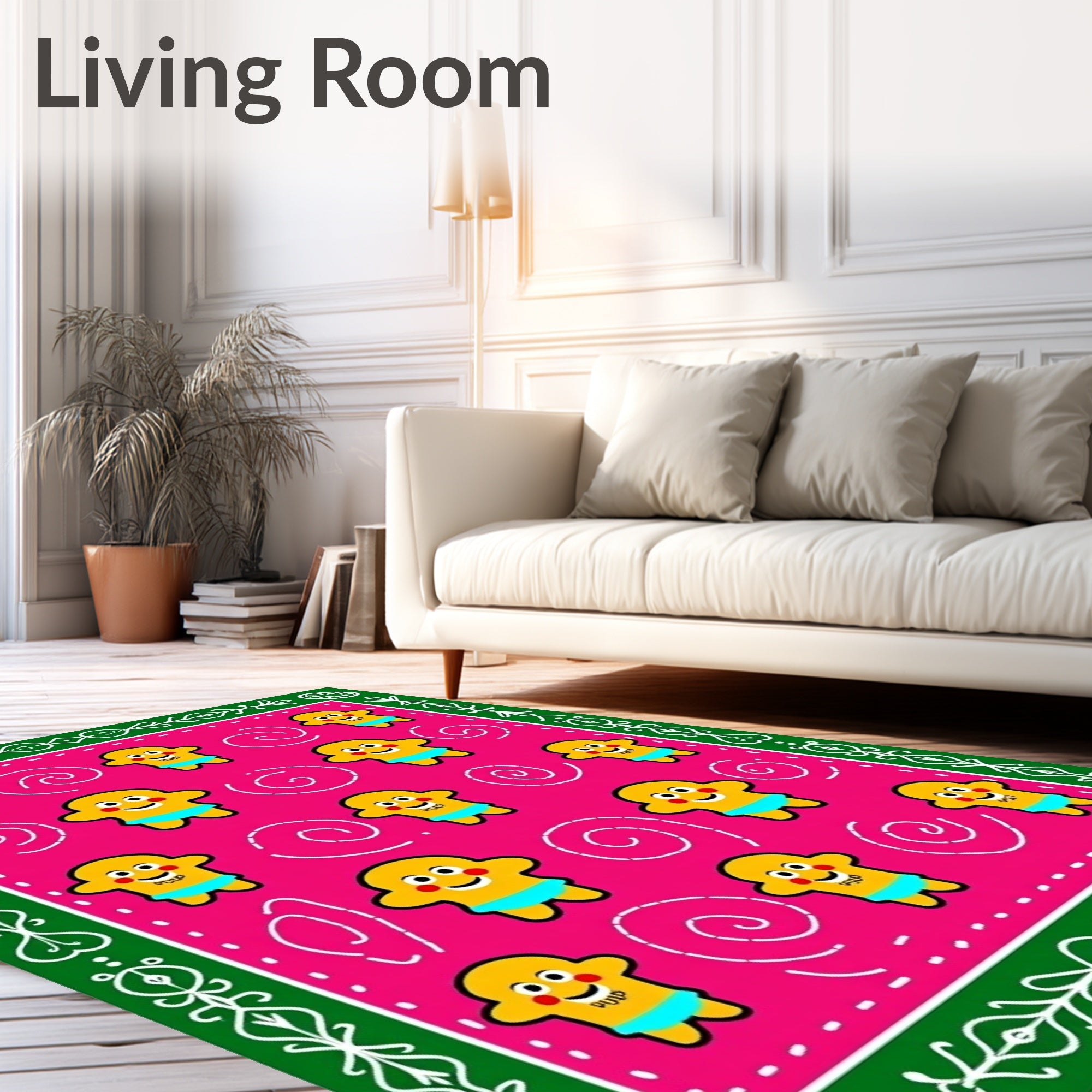 Pink yellow figures border swirly elements Rug
